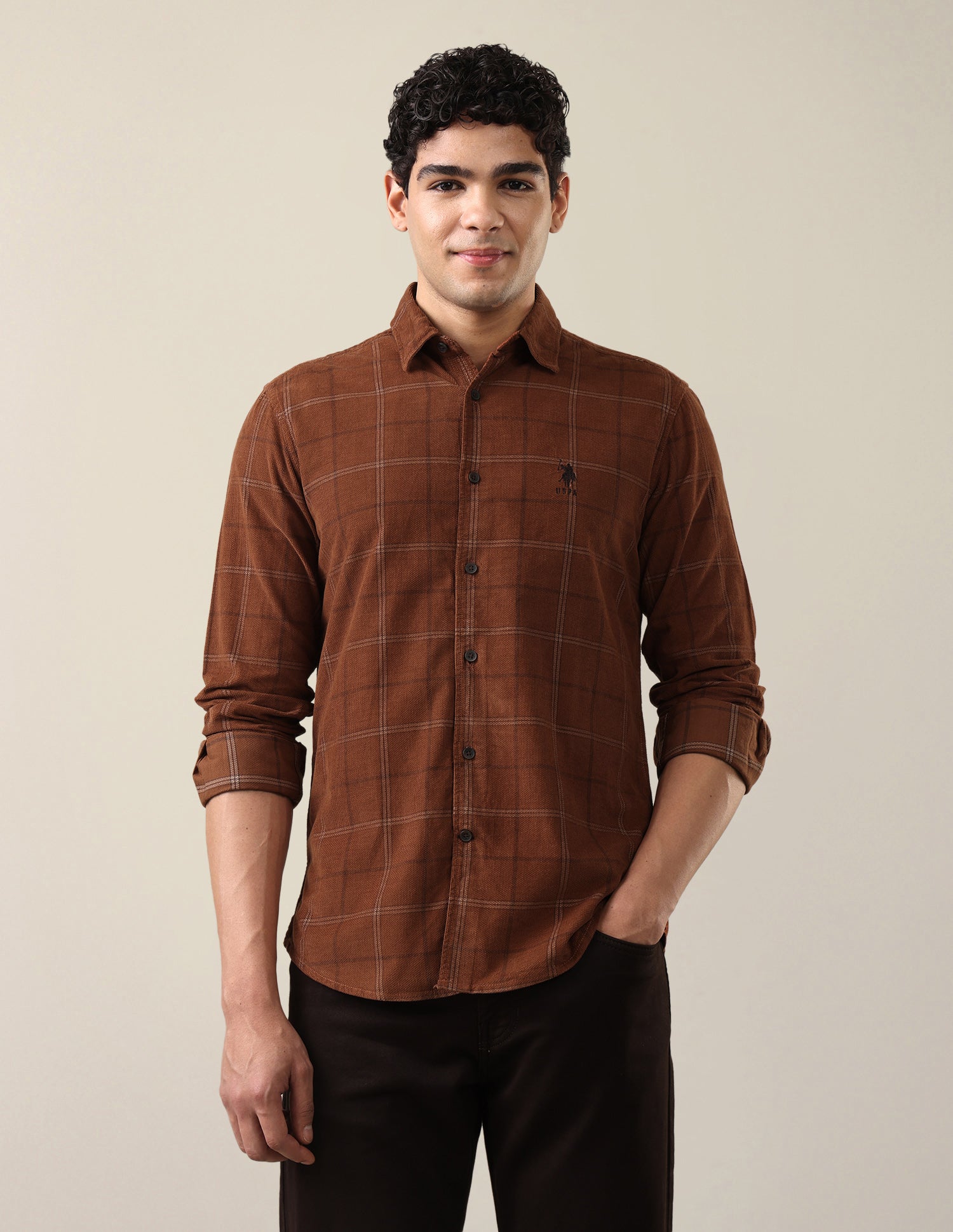 Corduroy Windowpane Checked Shirt Rust - U.S. Polo Assn. India | Large