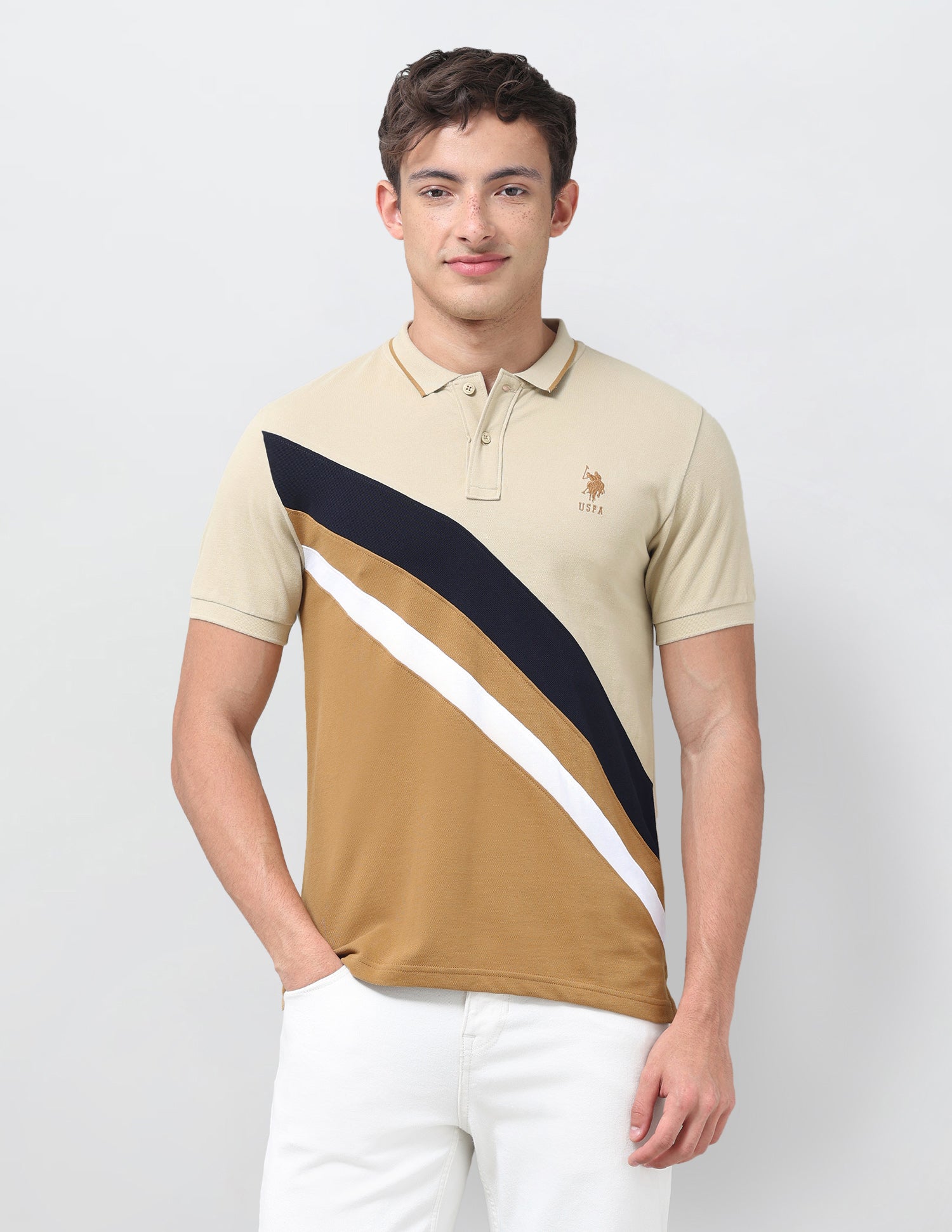 Colourblocked Regular Fit Polo Shirt Beige - U.S. Polo Assn. India | Large
