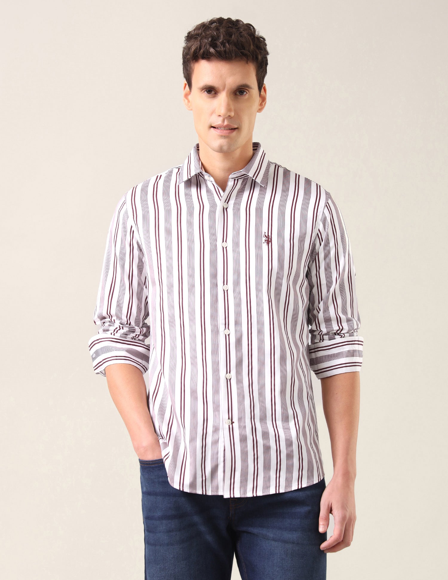 Vertical Striped Satin Shirt Maroon - U.S. Polo Assn. India | Large
