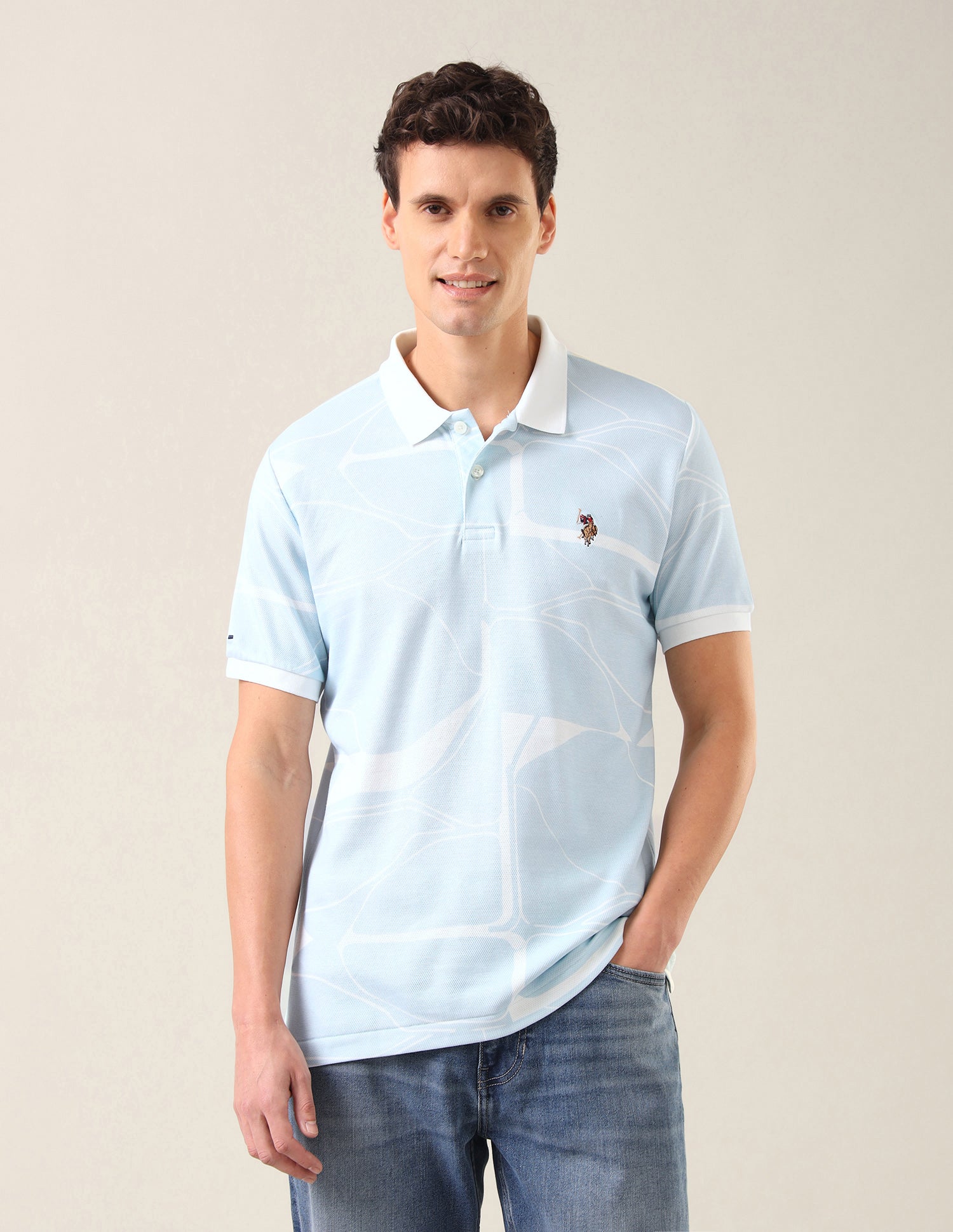 Abstract Printed Slim Fit Polo Shirt Light Blue - U.S. Polo Assn. India | Large