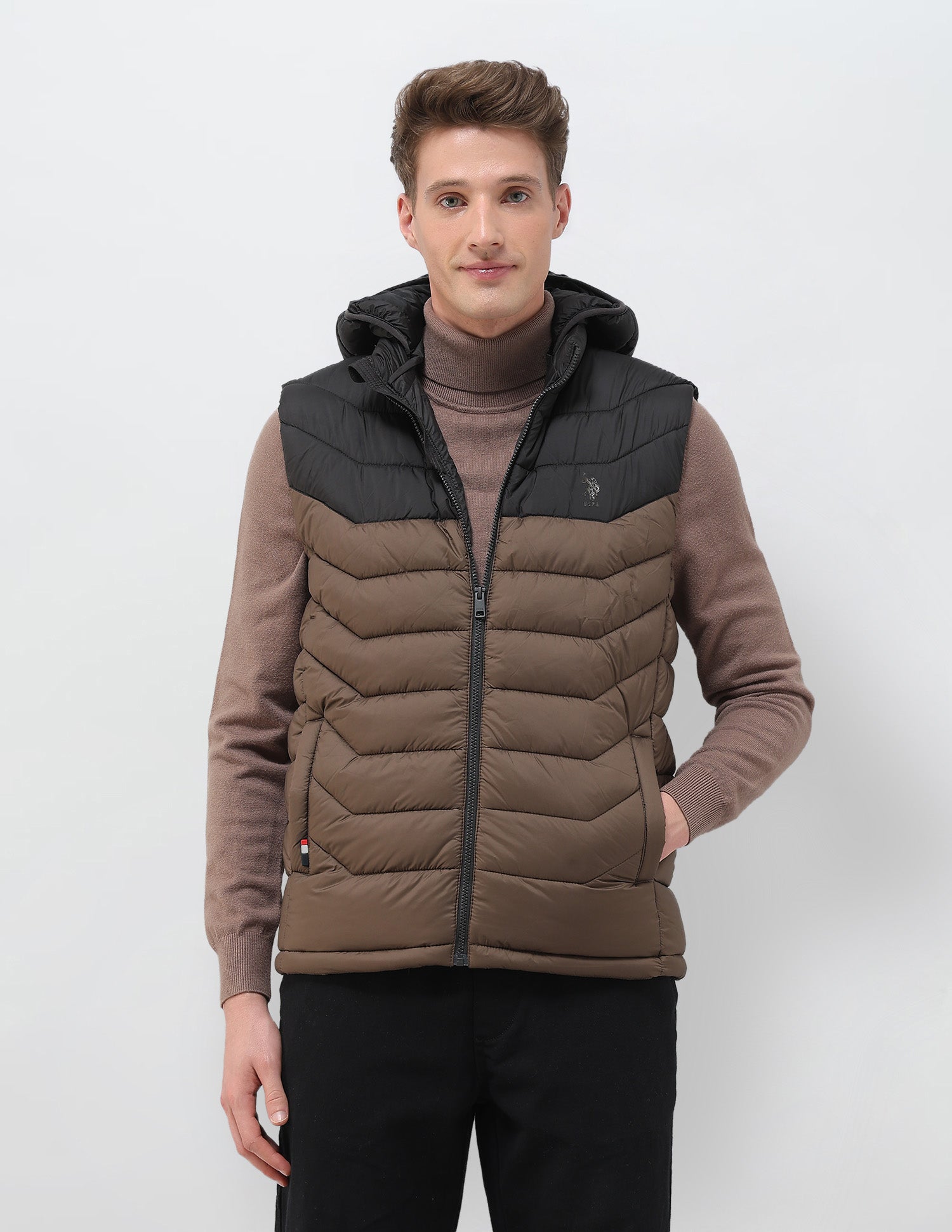 Colour Blocked Removable Hood Puffer Jacket Dark Brown - U.S. POLO ASSN. | Large