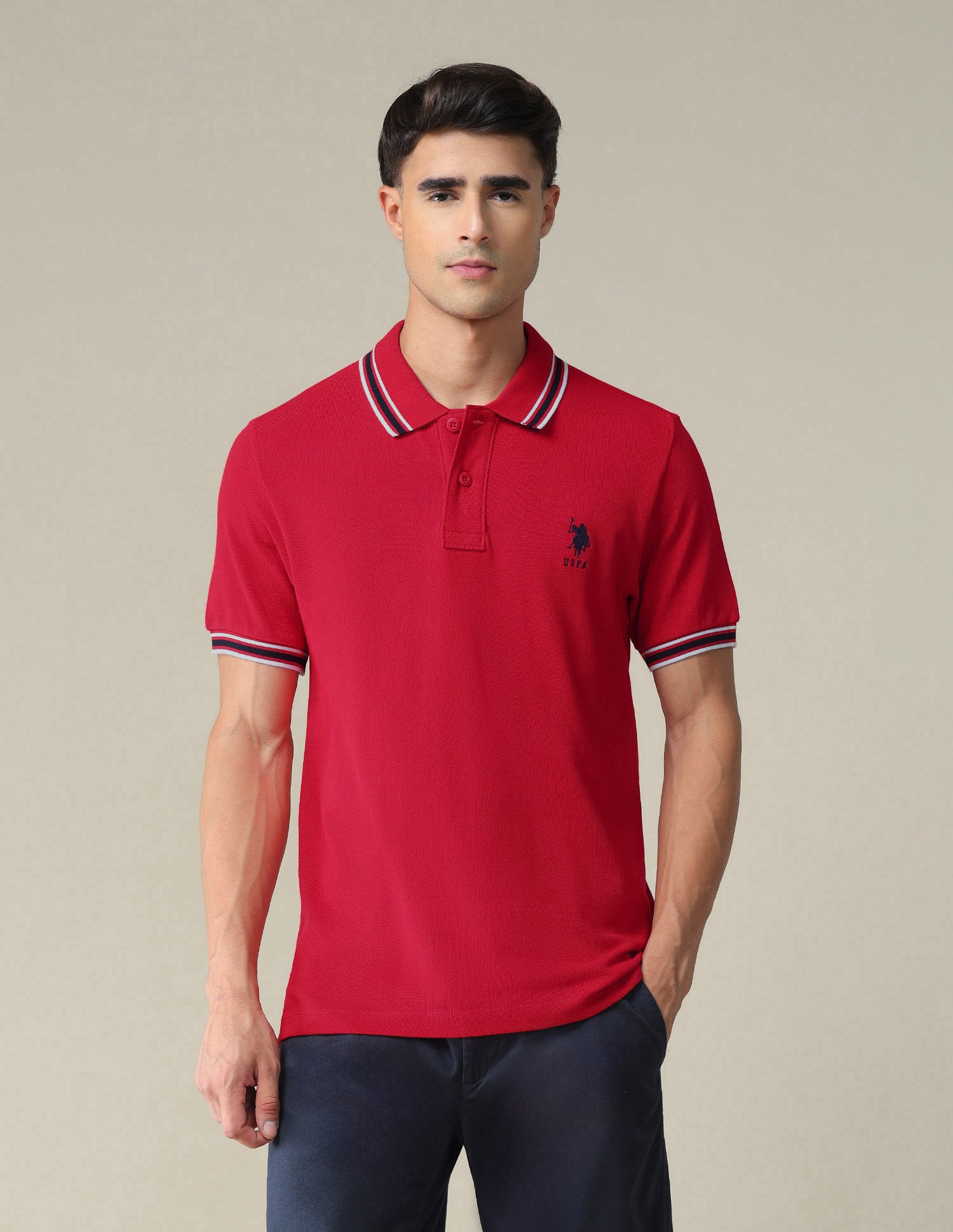 Striped Collar Solid Polo Shirt Red - U.S. POLO ASSN. | Large
