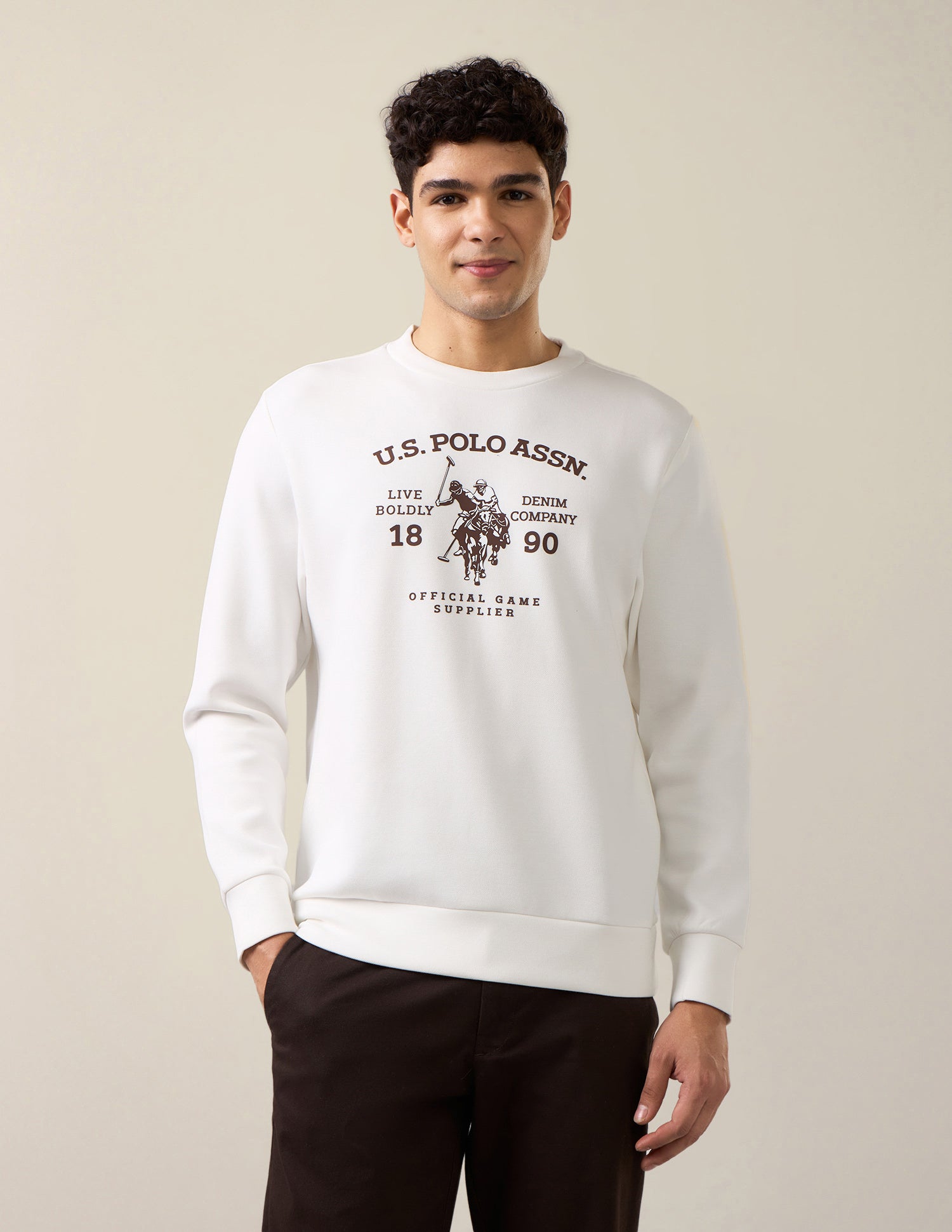 Brand Embossed Regular Fit Sweatshirt Ivory - U.S. Polo Assn. India | Large
