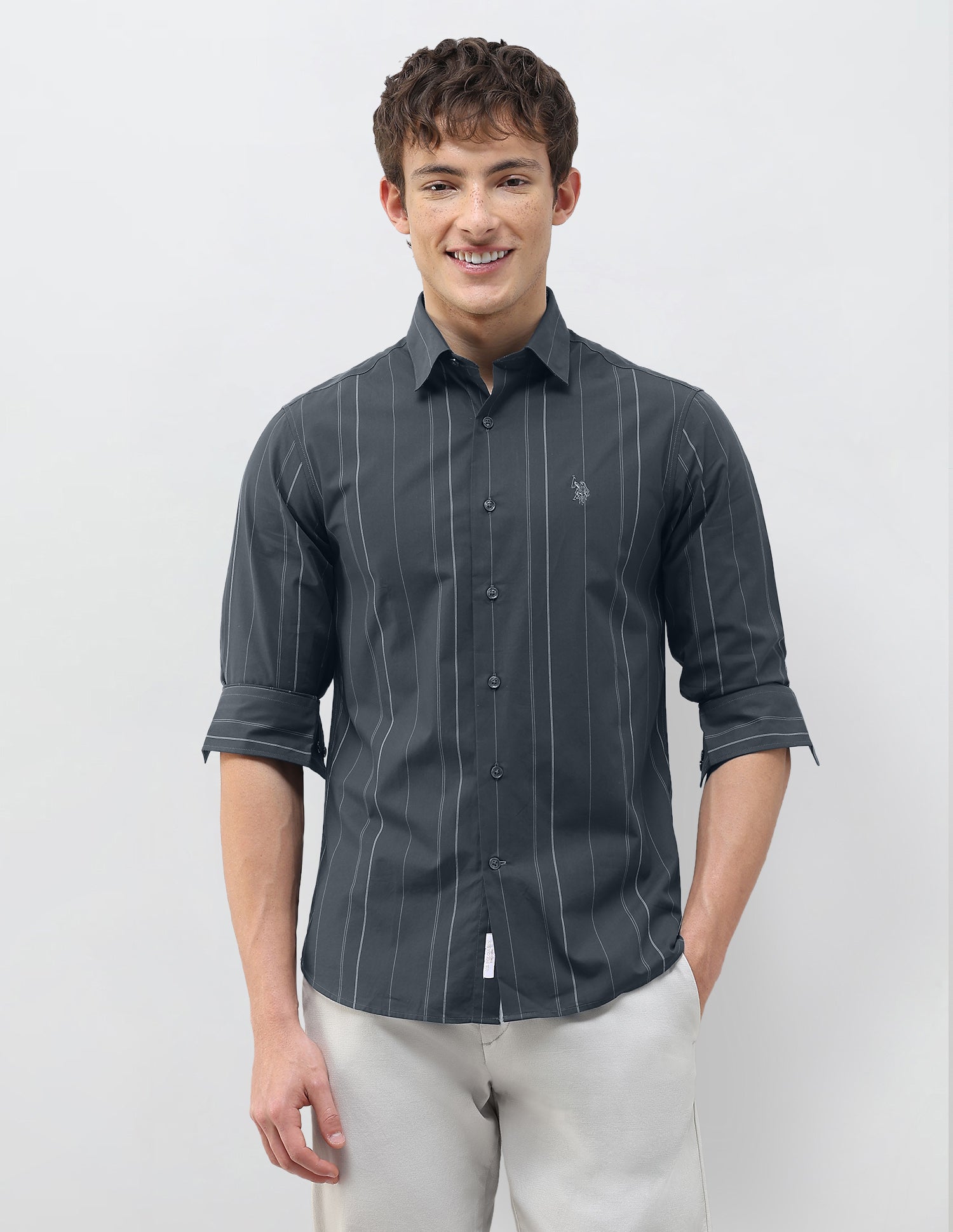 Vertical Striped Tailored Fit Shirt Dark Grey - U.S. Polo Assn. India | Large