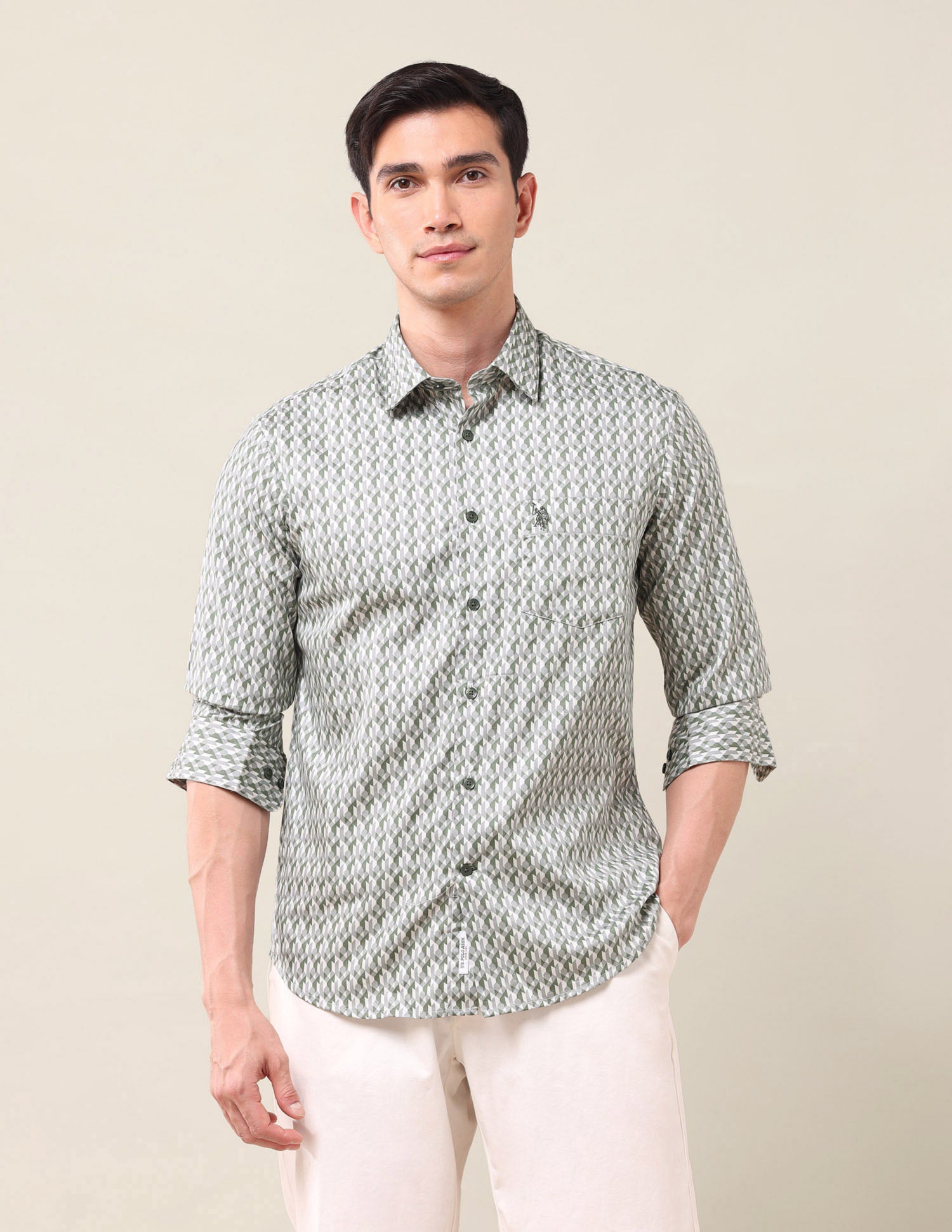 Geometric Printed Tailored Fit Shirt Green - U.S. Polo Assn. India | Large