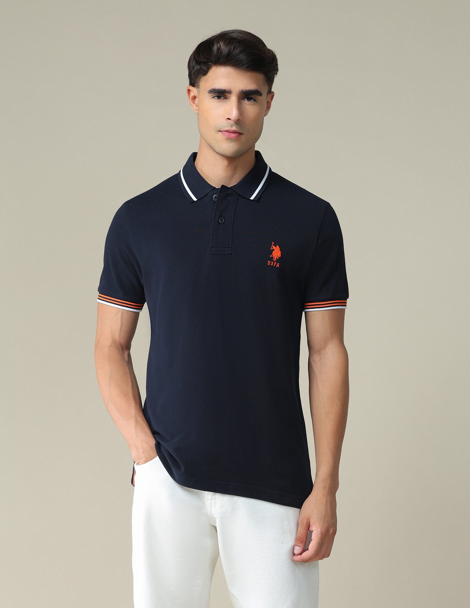 Striped Collar Solid Polo Shirt Navy - U.S. POLO ASSN. | Large