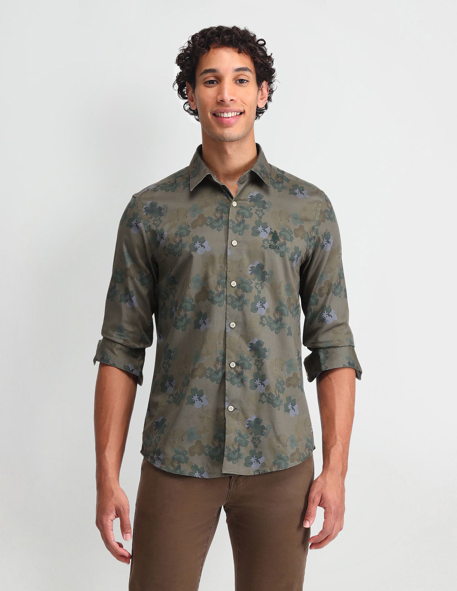 Floral Printed Regular Fit Shirt Olive - U.S. POLO ASSN. | Large