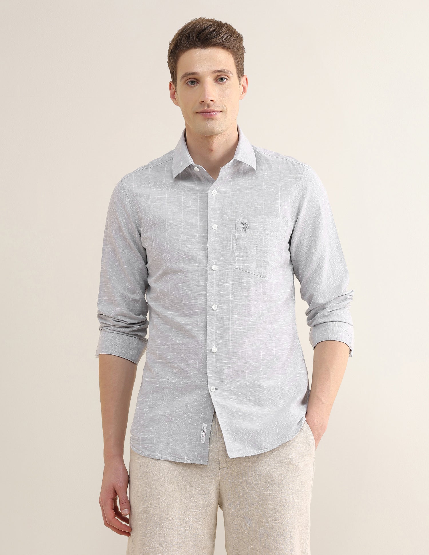 Windowpane Checked Regular Fit Shirt Light Grey - U.S. Polo Assn. India | Large