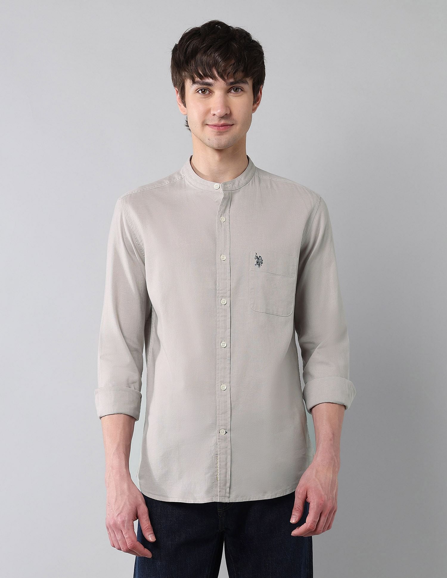 Solid Slub Mandarin Collar Shirt Grey - U.S. Polo Assn. India | Large