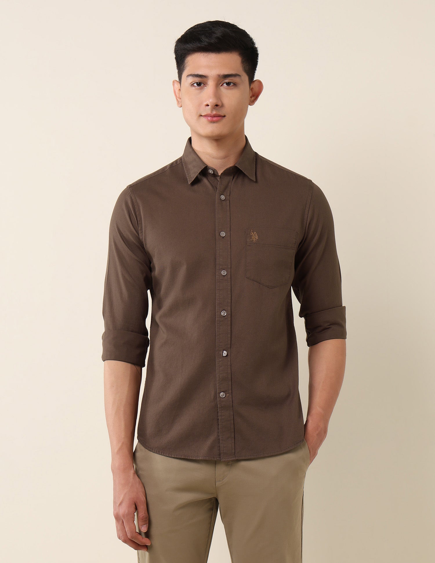 Pure Cotton Dobby Tailored Fit Shirt Brown - U.S. Polo Assn. India | Large