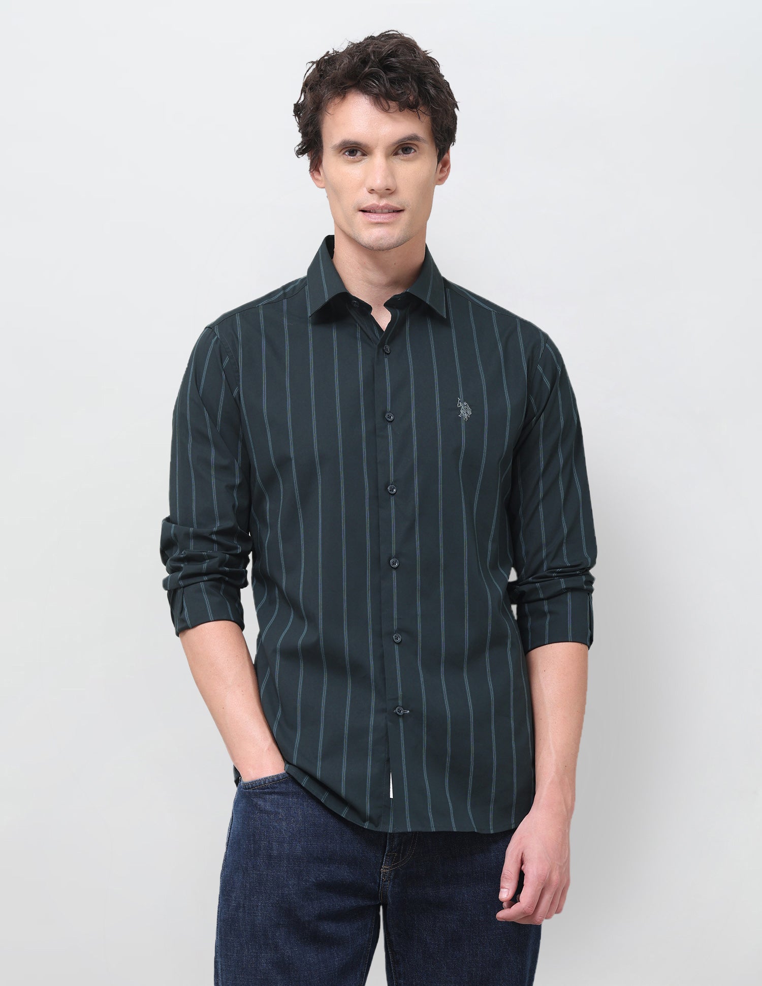 Vertical Striped Poplin Shirt Teal - U.S. Polo Assn. India | Large