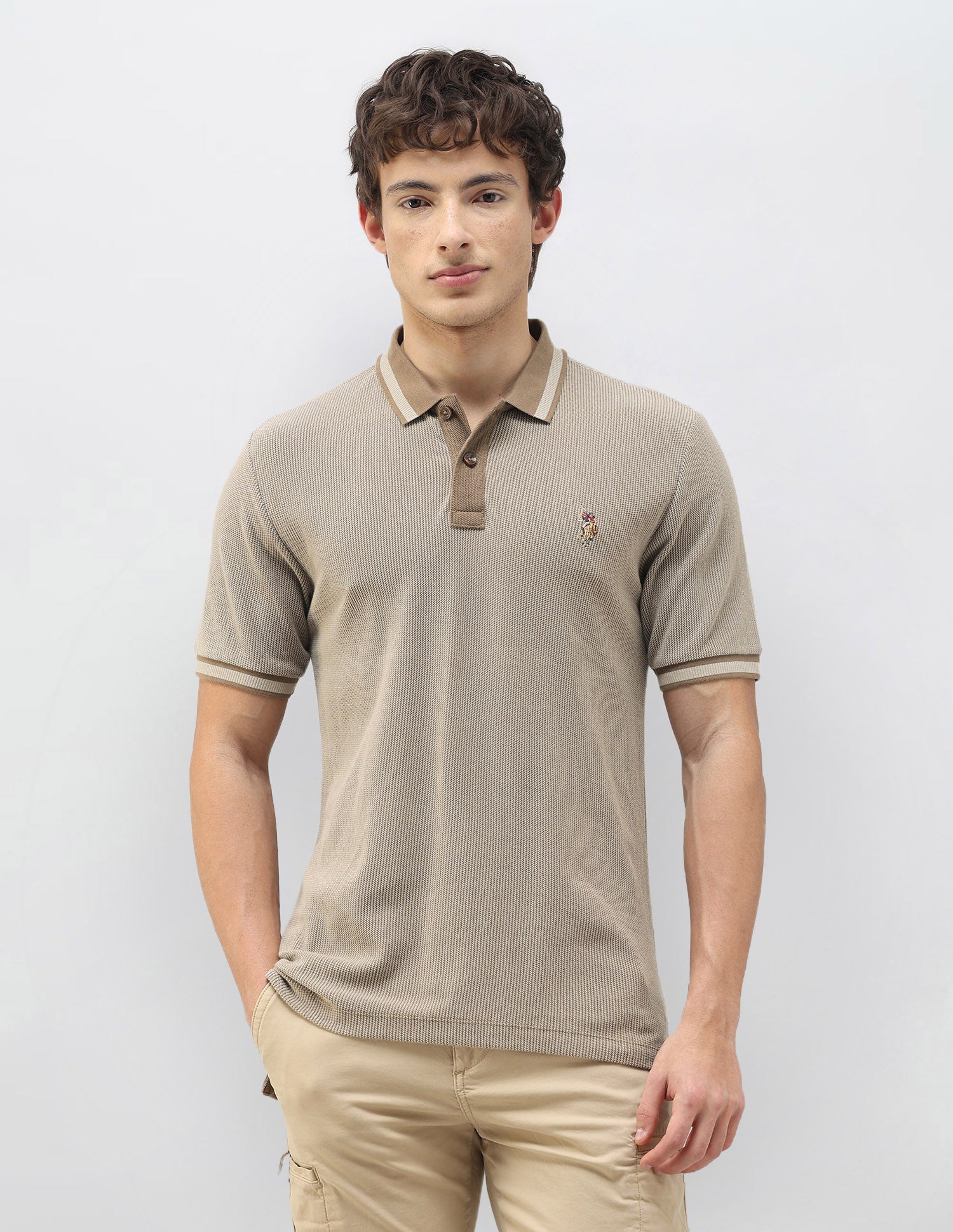 Motel On The Coast Textured Polo Shirt Beige - U.S. Polo Assn. India | Large