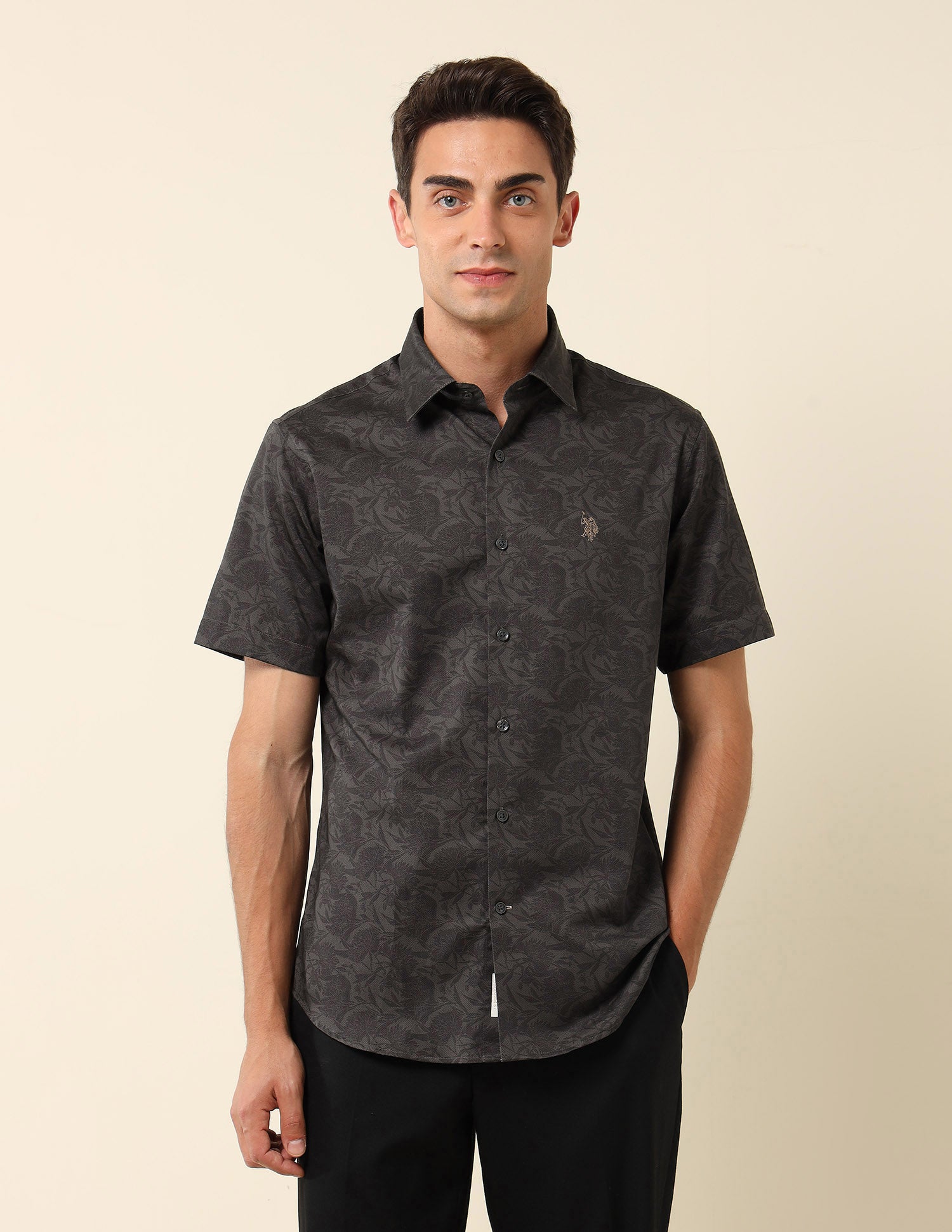 Floral Printed Pure Cotton Shirt Charcoal Grey - U.S. POLO ASSN. | Large