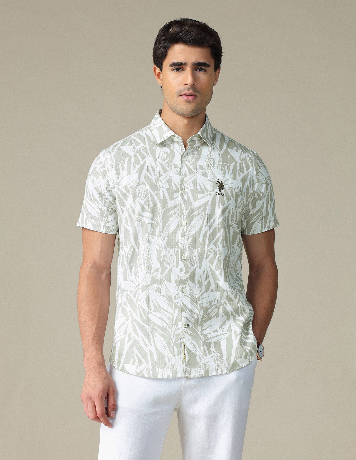 Tropical Printed Dobby Shirt Green - U.S. POLO ASSN. | Large