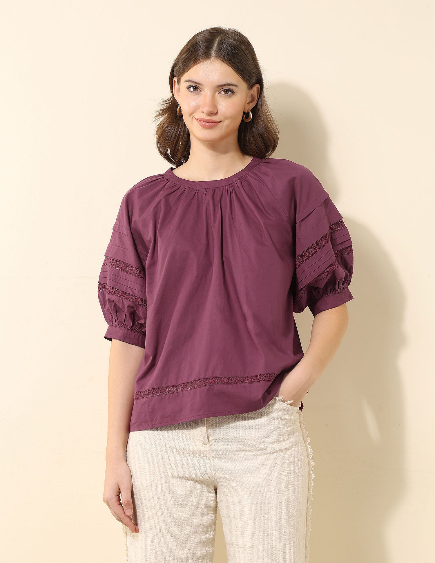 Pleated Solid Regular Fit Top Wine - U.S. Polo Assn. India | Large