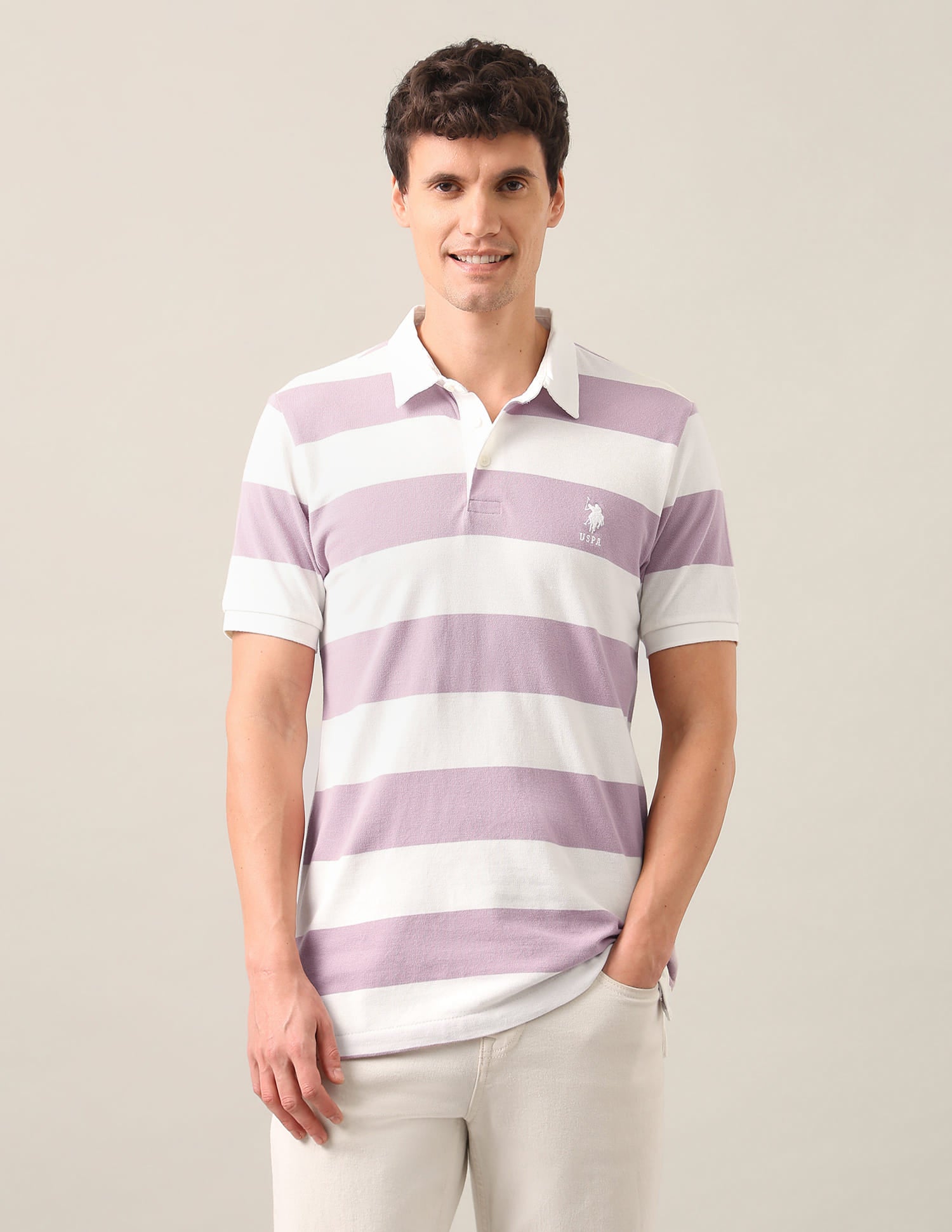Horizontal Striped Slim Fit Polo Shirt Pink - U.S. Polo Assn. India | Large