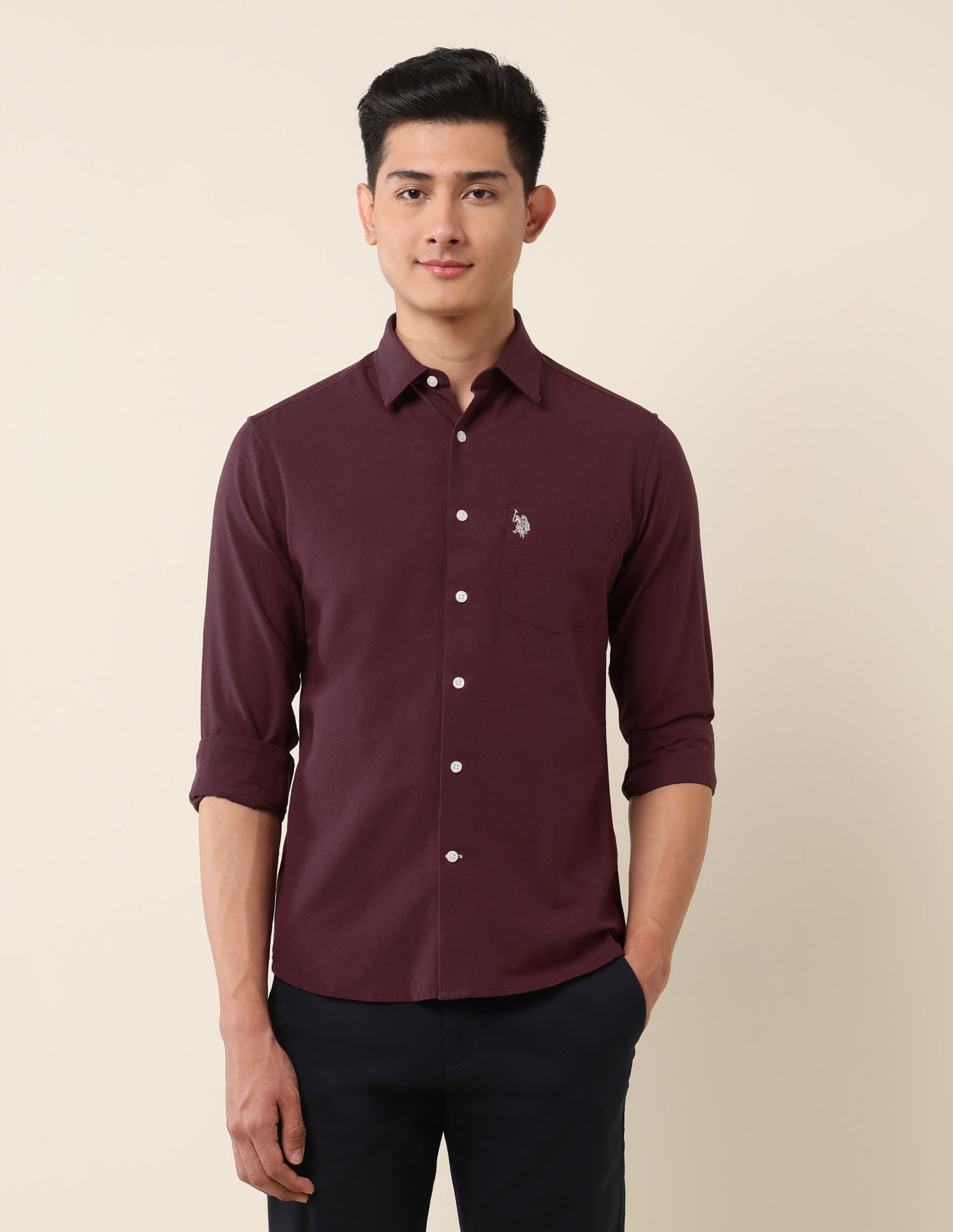 Tailored Fit Twill Shirt Burgundy - U.S. Polo Assn. India | Large