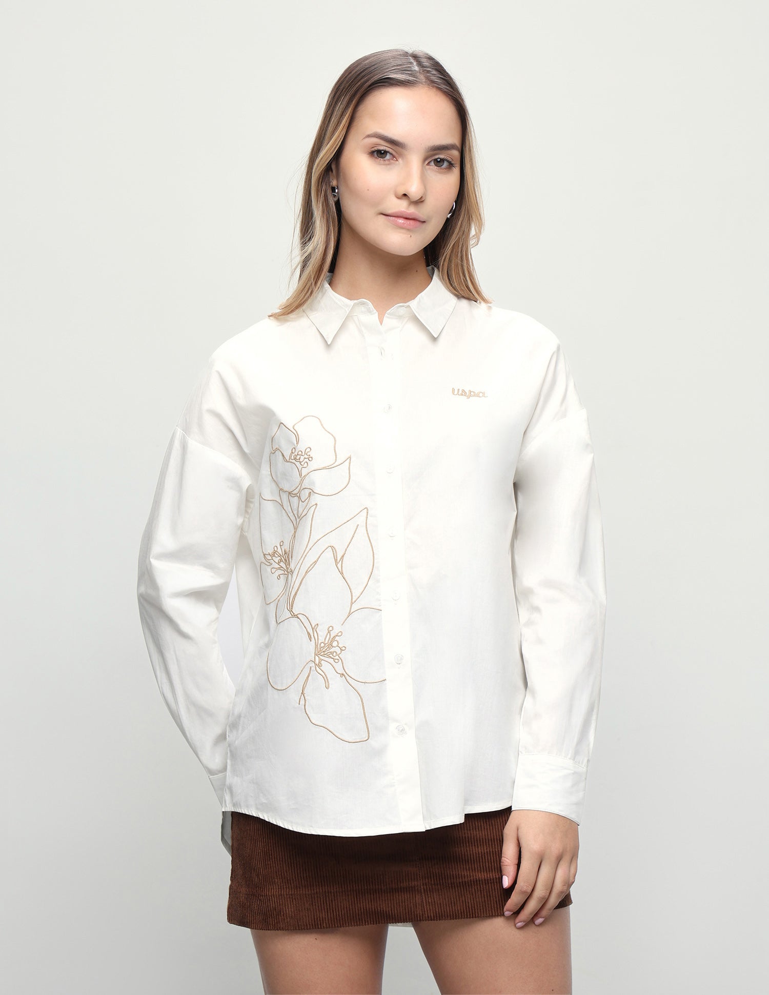 Floral Embroidered Oversized Fit Shirt Off White - U.S. Polo Assn. India | Large