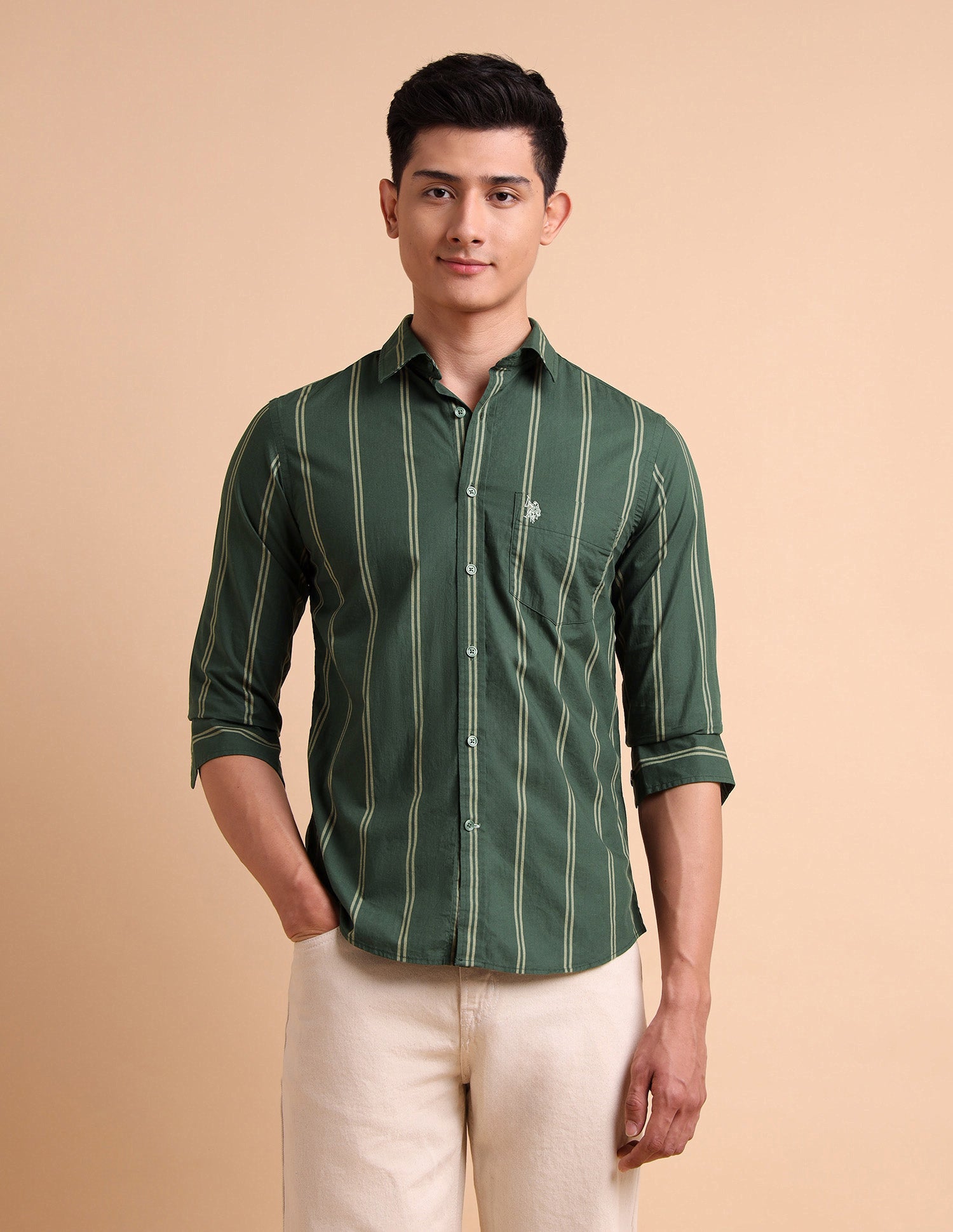 Vertical Striped Pure Cotton Shirt Olive - U.S. POLO ASSN. | Large