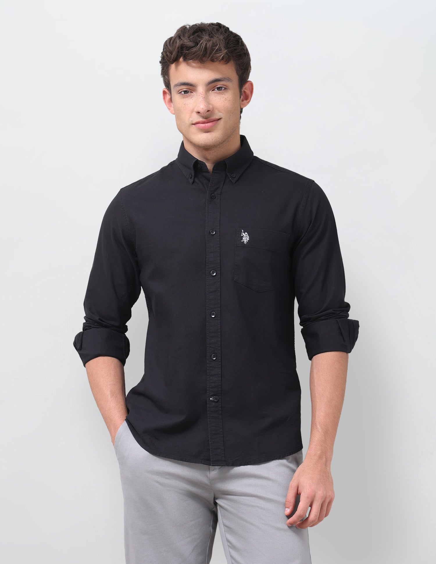 Tailored Fit Oxford Button Down Shirt Black - U.S. Polo Assn. India | Large
