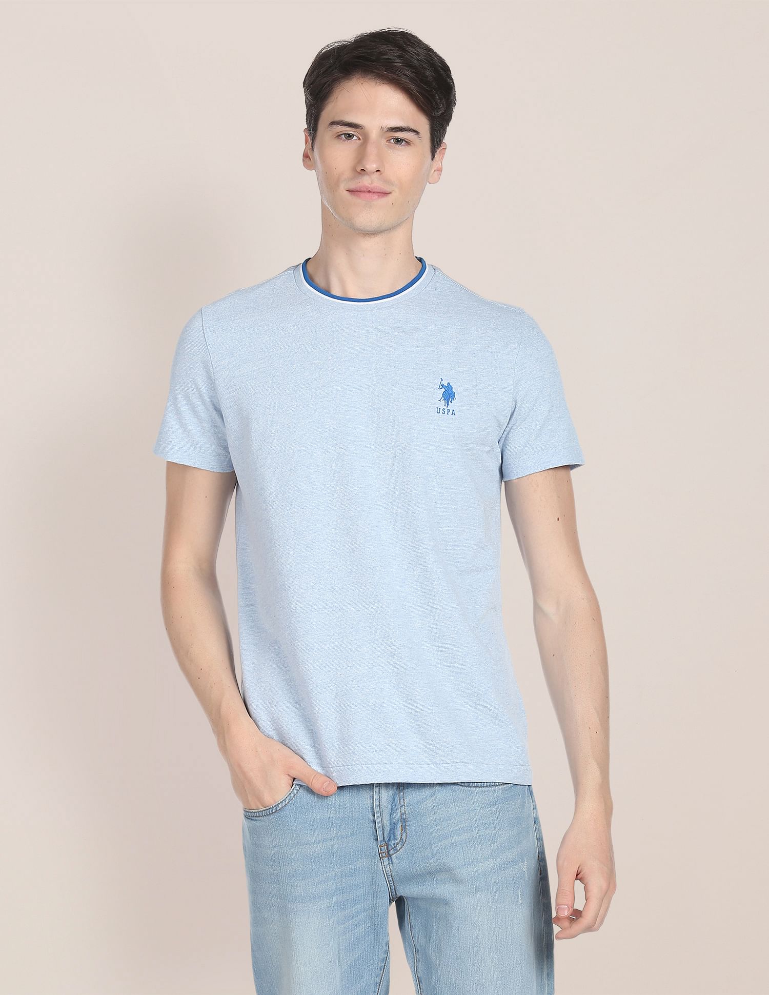 Pure Cotton Ringer T-Shirt Light Blue - U.S. Polo Assn. India | Large