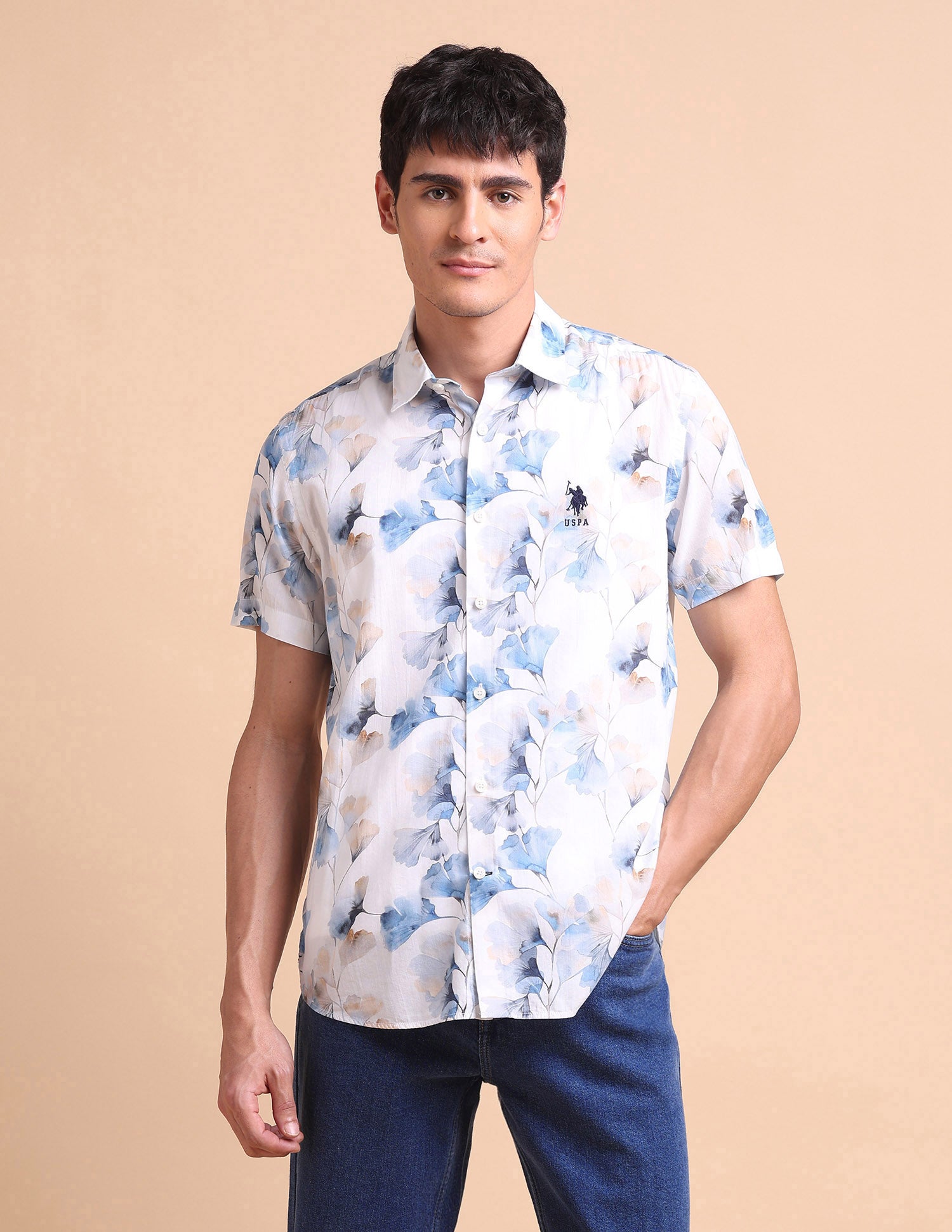 Floral Printed Slim Fit Shirt Blue - U.S. POLO ASSN. | Large