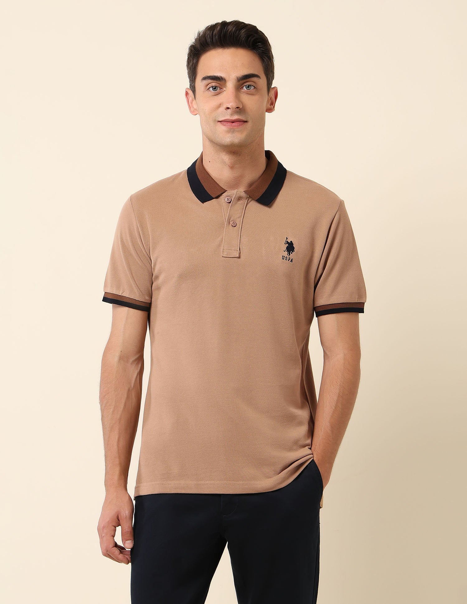 Solid Slim Fit Polo Shirt Beige - U.S. Polo Assn. India | Large