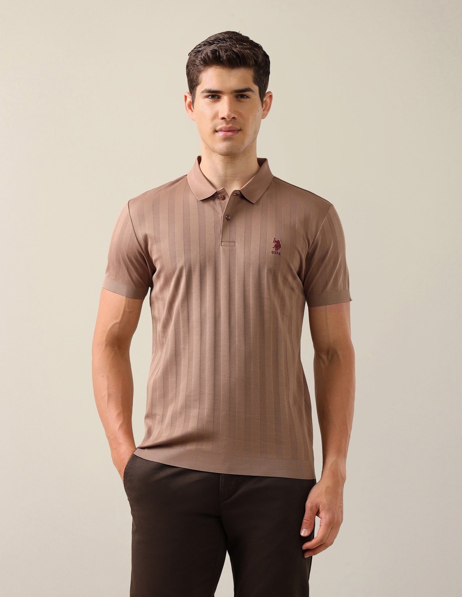 Self Design Vertical Striped Slim Fit Polo Shirt Light Brown - U.S. Polo Assn. India | Large