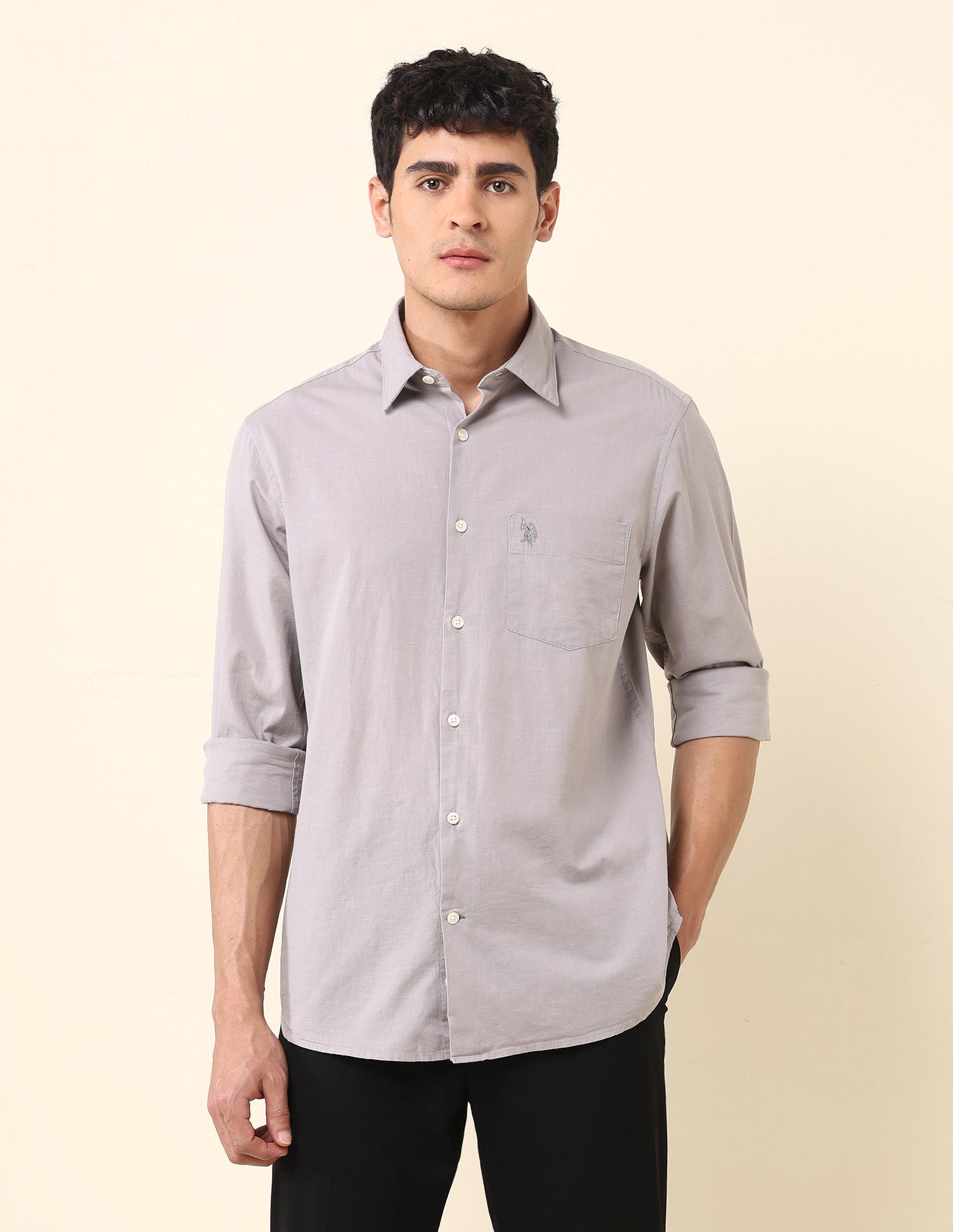 Solid Twill Tailored Fit Shirt Light Grey - U.S. Polo Assn. India | Large