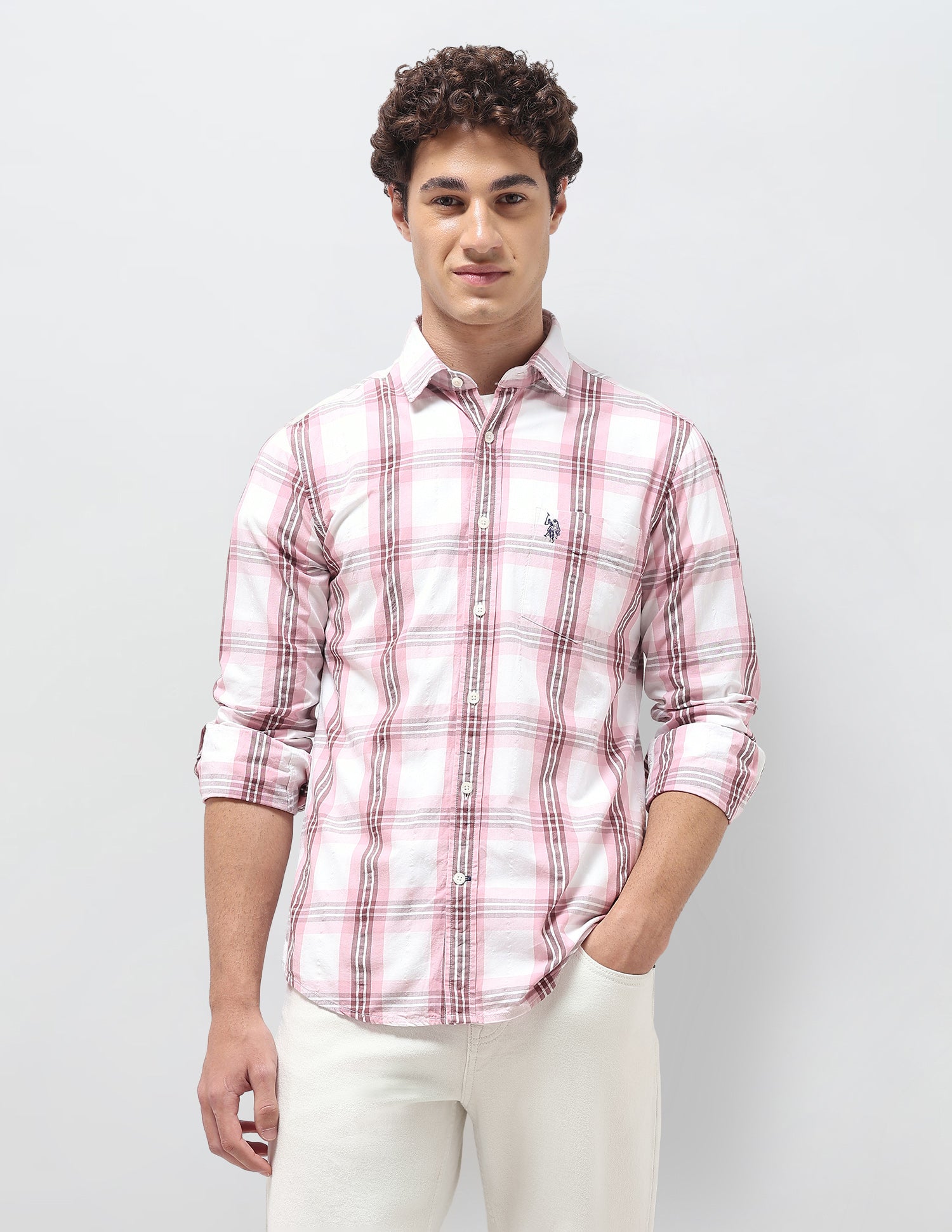 Tailored Fit Seersucker Shirt Peach - U.S. Polo Assn. India | Large