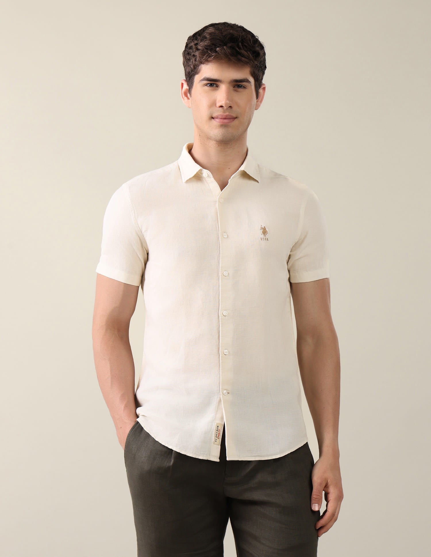 Solid Regular Fit Shirt Beige - U.S. Polo Assn. India | Large