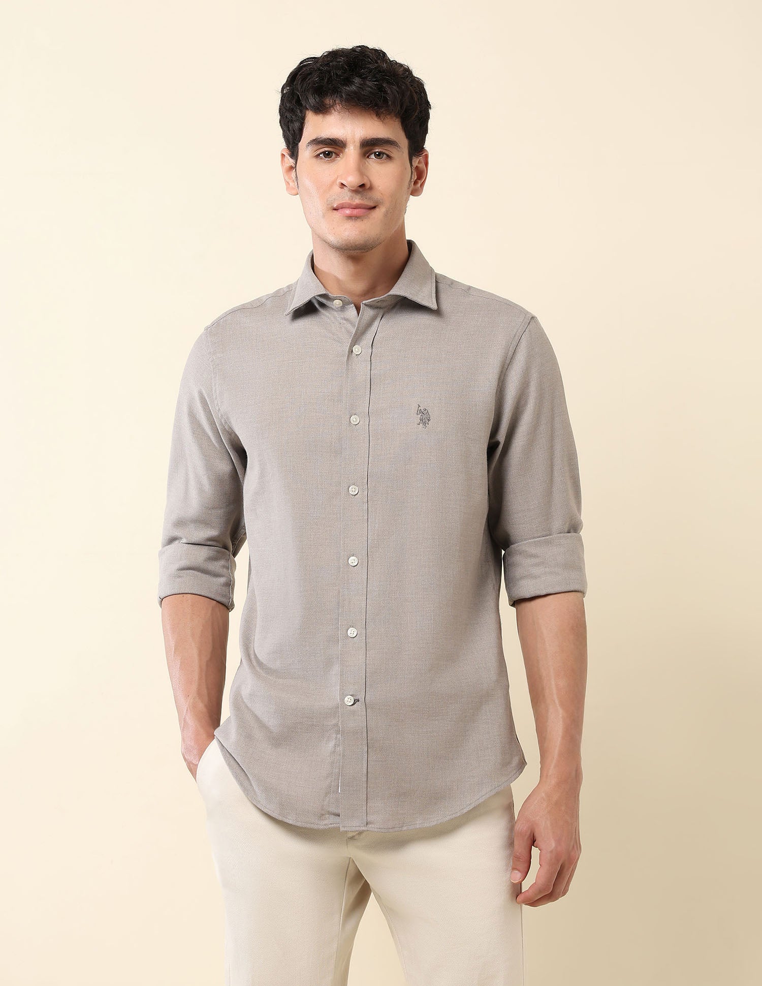 Tailored Fit Pure Cotton Dobby Shirt Grey - U.S. Polo Assn. India | Large