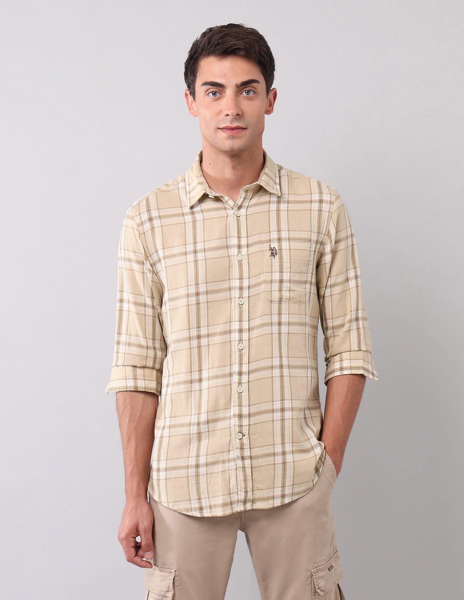 Plaid Checked Pure Cotton Shirt Dark Beige - U.S. Polo Assn. India | Large