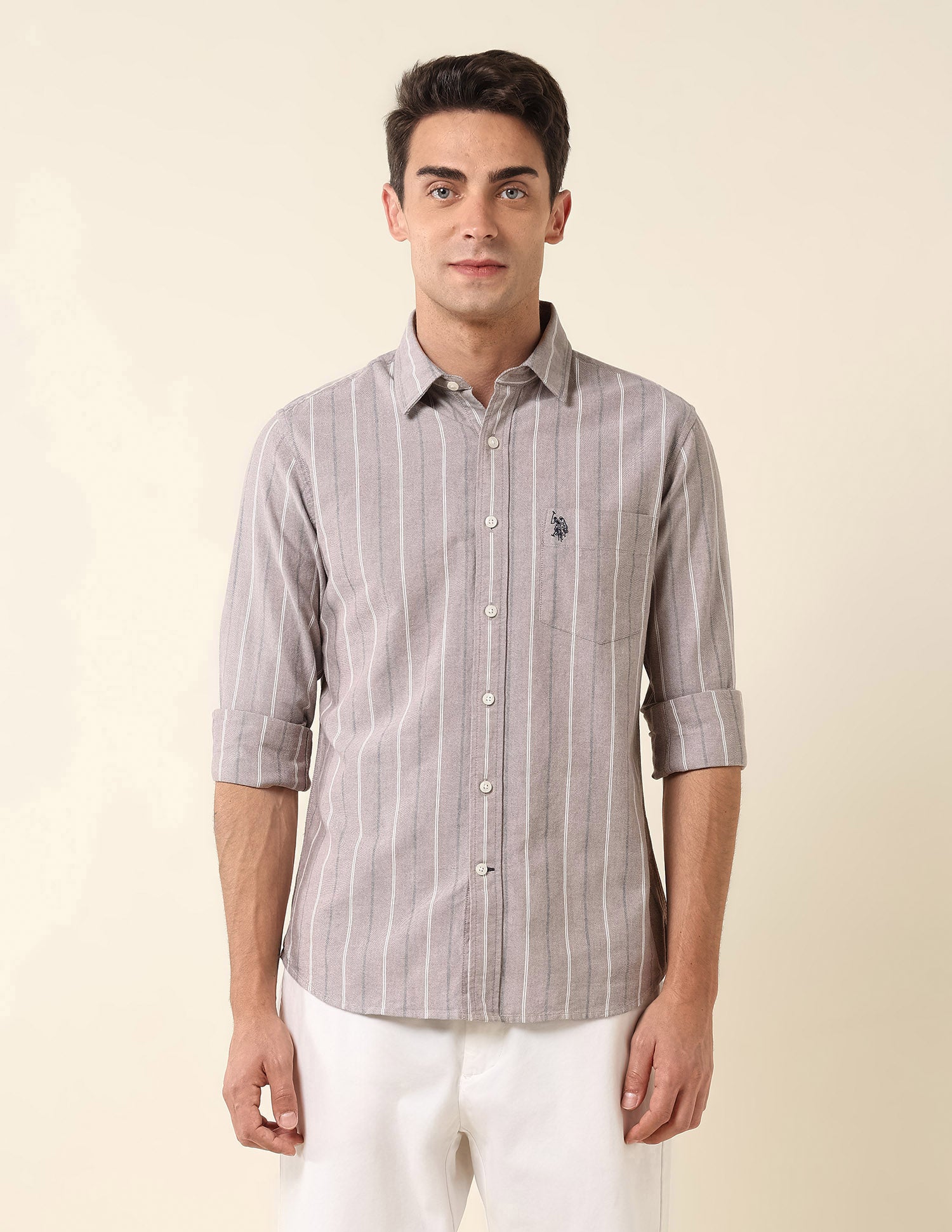 Tailored Fit Vertical Striped Shirt Light Brown - U.S. Polo Assn. India | Large