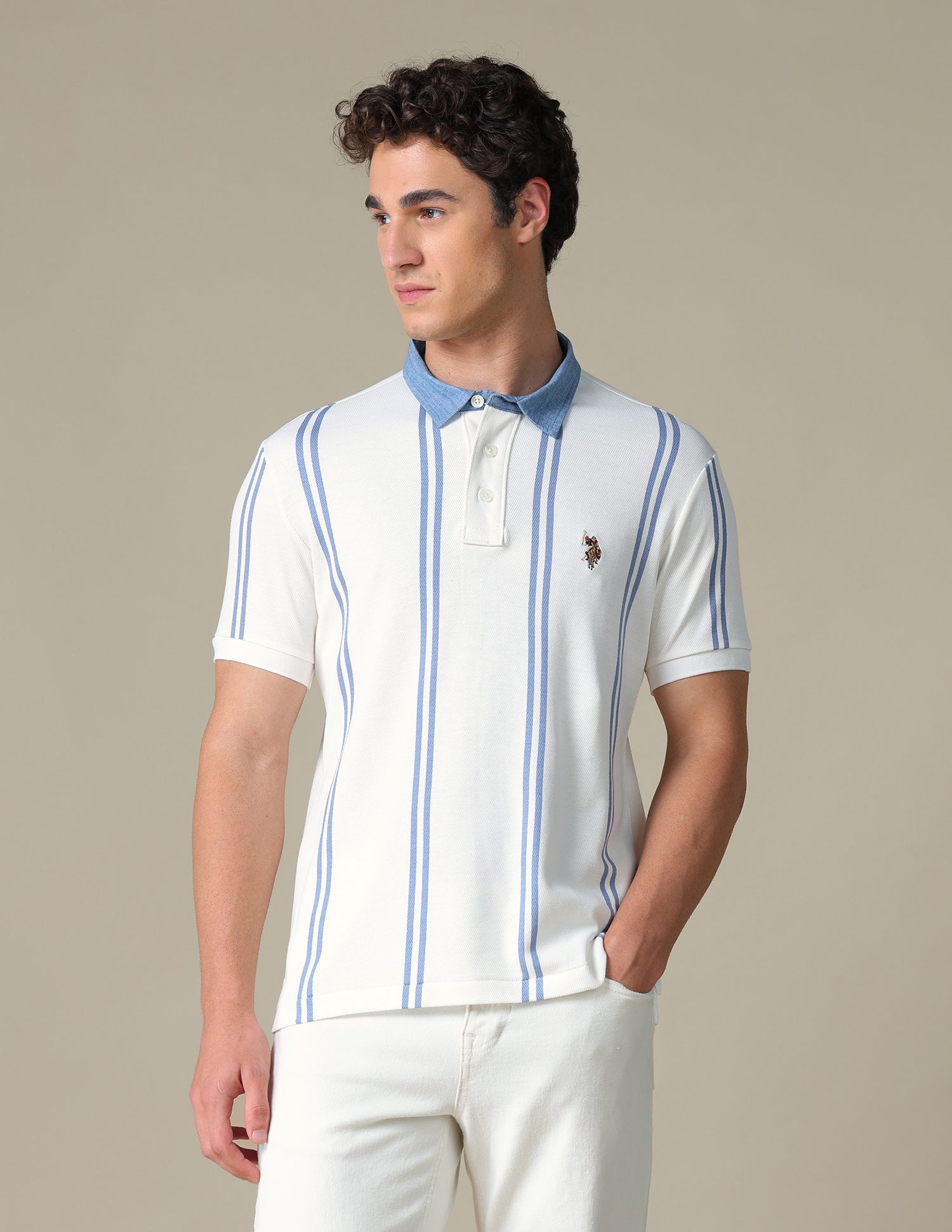 Vertical Striped Slim Fit T-Shirt Ivory - U.S. Polo Assn. India | Large