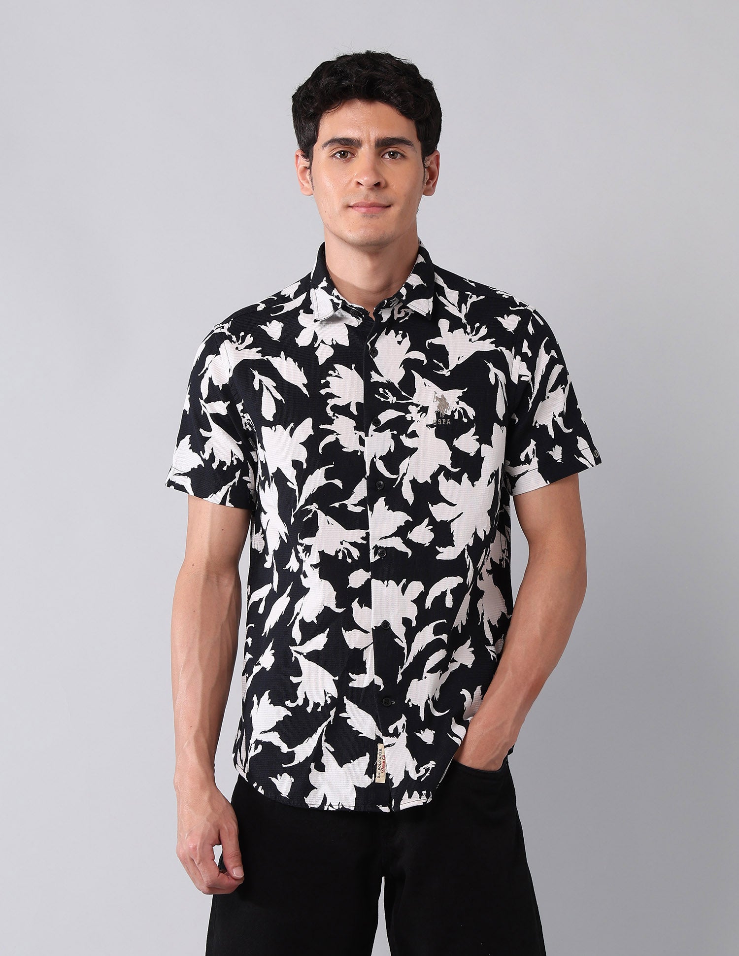 Floral Printed Pure Cotton Shirt Black - U.S. Polo Assn. India | Large