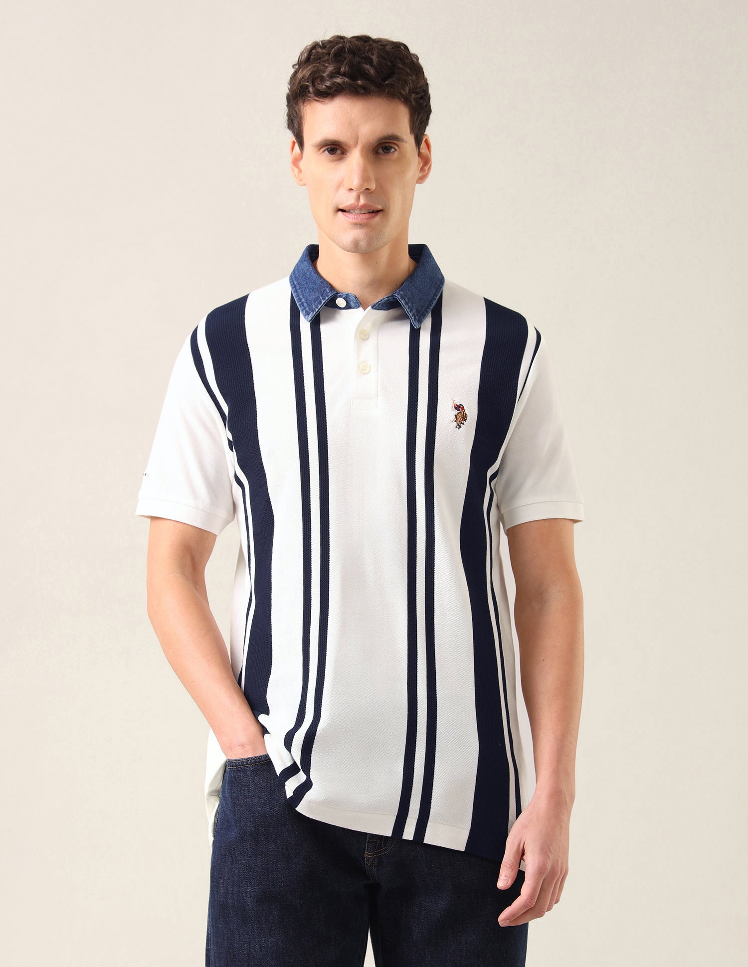Vertical Striped Slim Fit Polo Shirt Ivory - U.S. Polo Assn. India | Large