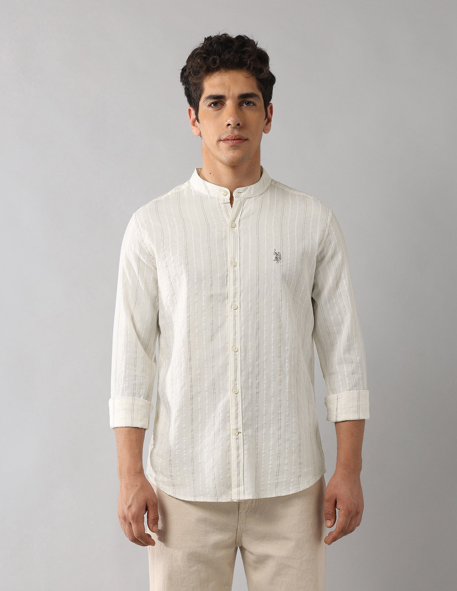 Mandarin Collar Vertical Striped Shirt Off White - U.S. Polo Assn. India | Large