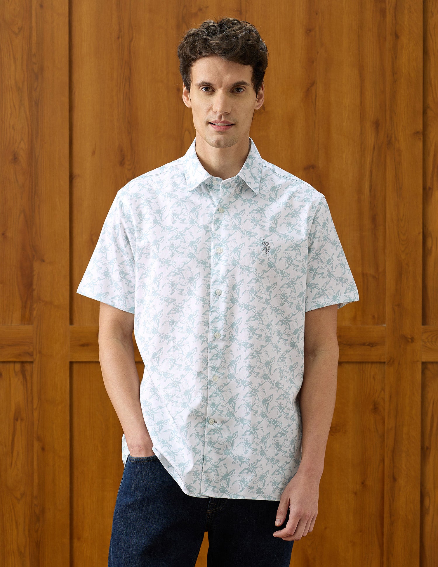 Floral Printed Regular Fit Shirt Medium Green - U.S. Polo Assn. India | Large