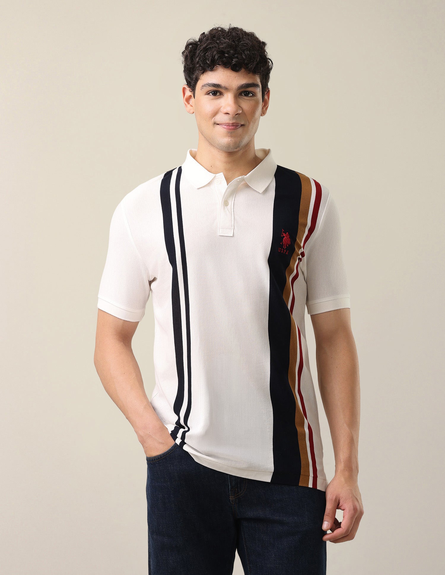 Vertical Striped Slim Fit Polo Shirt Off White - U.S. Polo Assn. India | Large