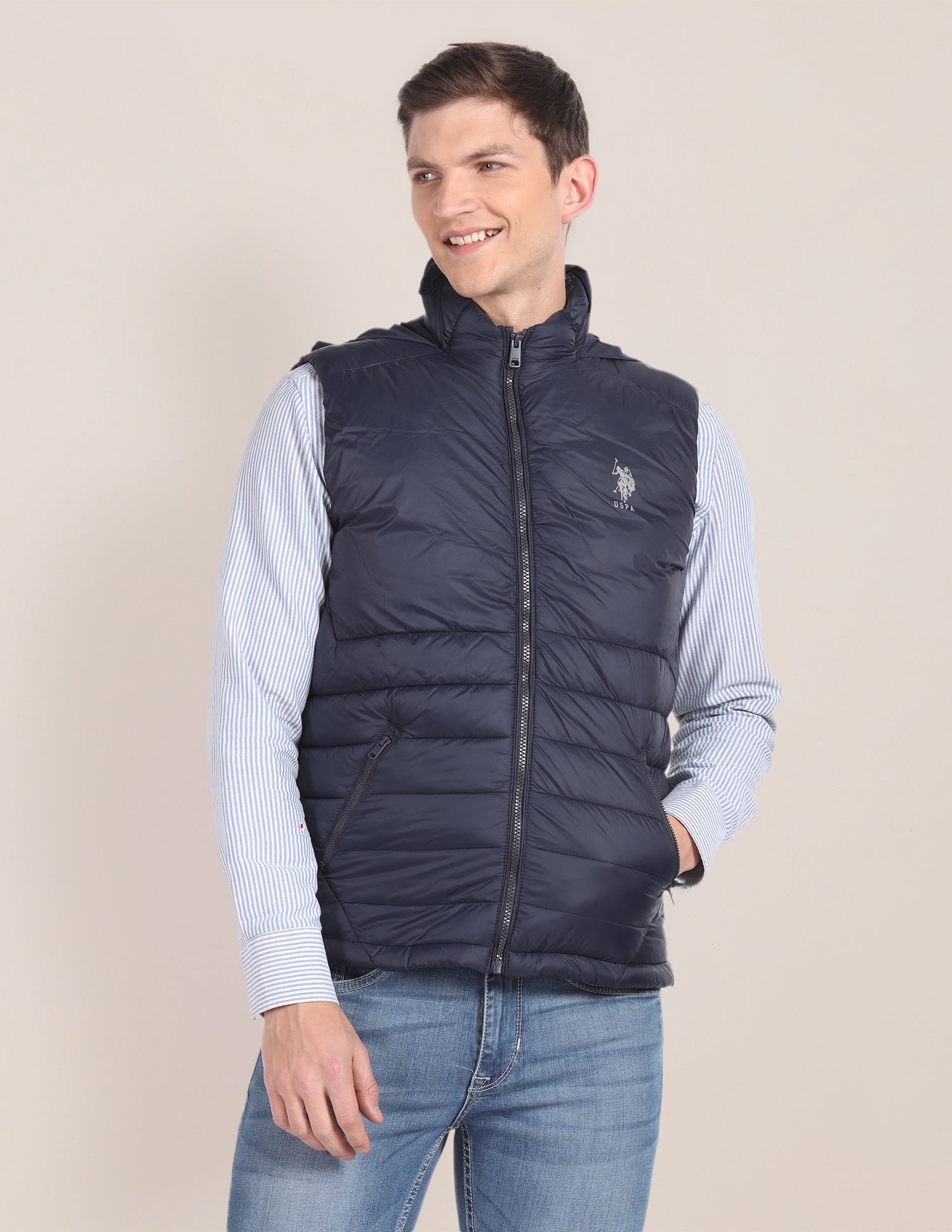 Concealed Hood Sleeveless Jacket Navy - U.S. POLO ASSN. | Large