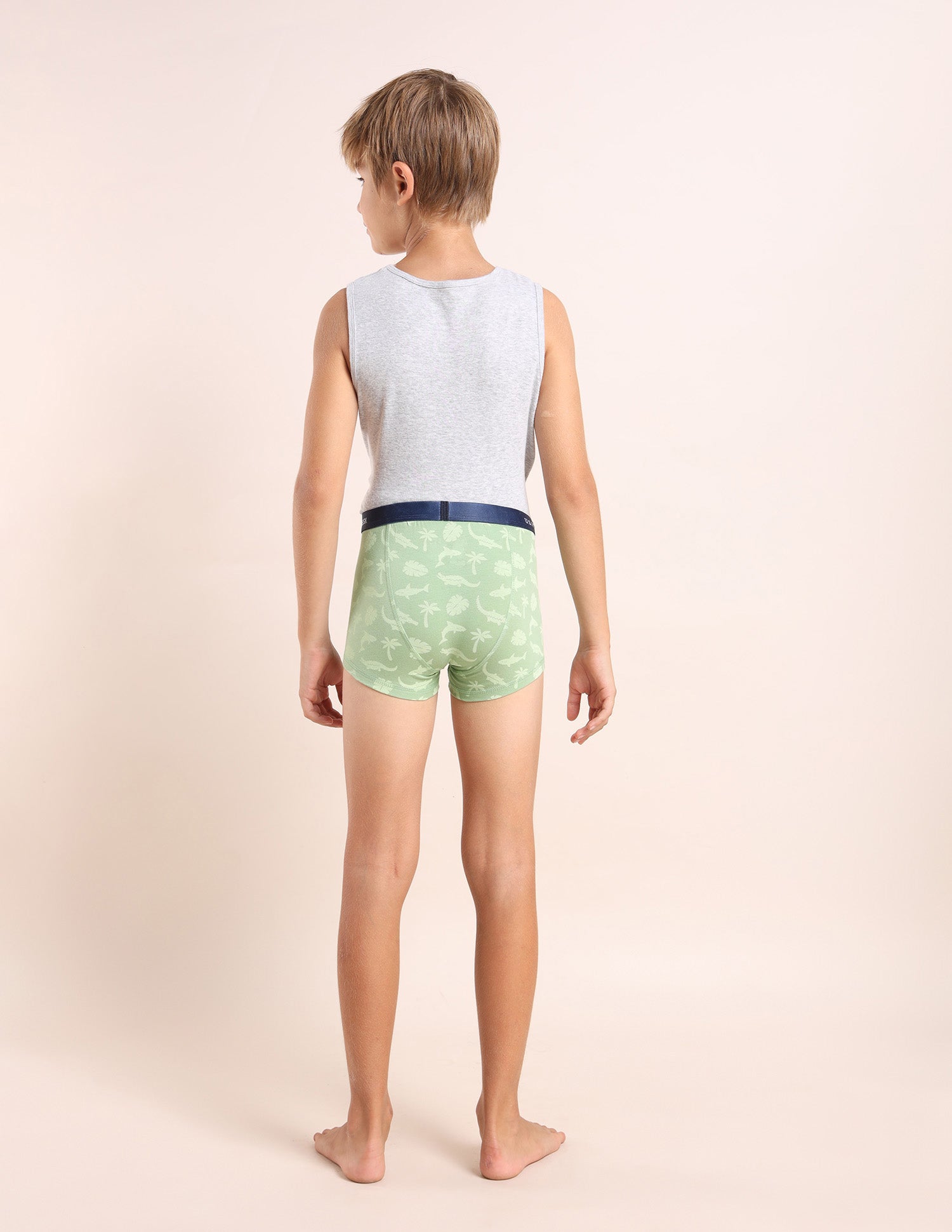 Boys Mid Rise Cotton Spandex Trunks - Pack Of 3 Green, Grey and Blue - U.S. POLO ASSN. | Large