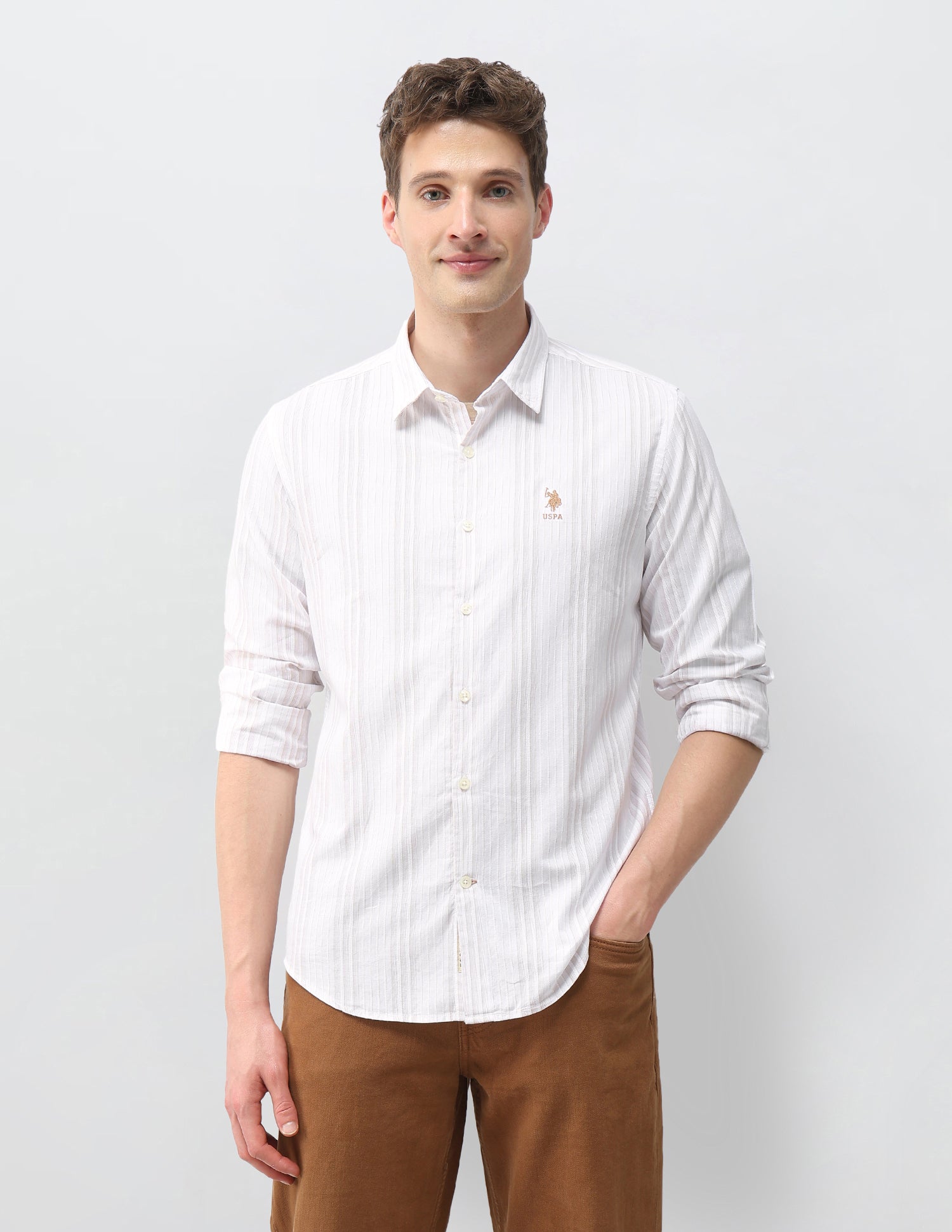 Vertical Striped Dobby Shirt Light Brown - U.S. Polo Assn. India | Large