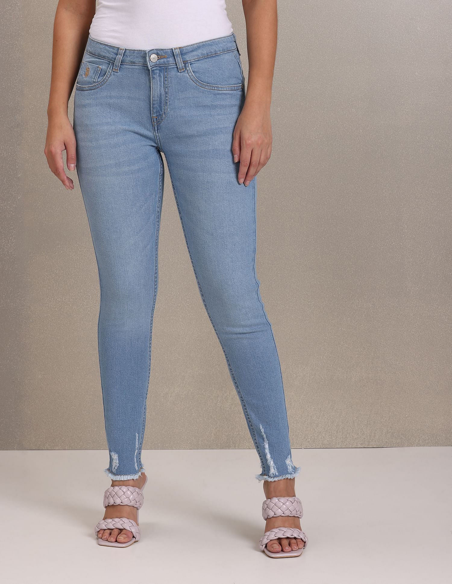 Frayed Hem Rinsed Skinny Fit Jeans Blue - U.S. Polo Assn. India | Large