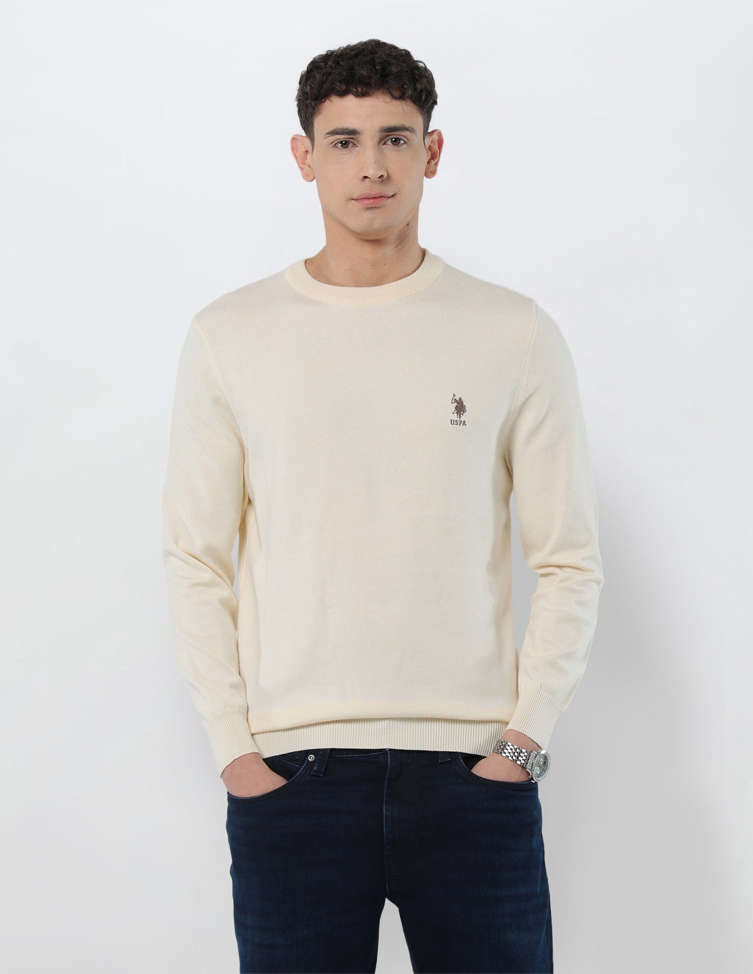 Solid Regular Fit Sweater Off White - U.S. Polo Assn. India | Large