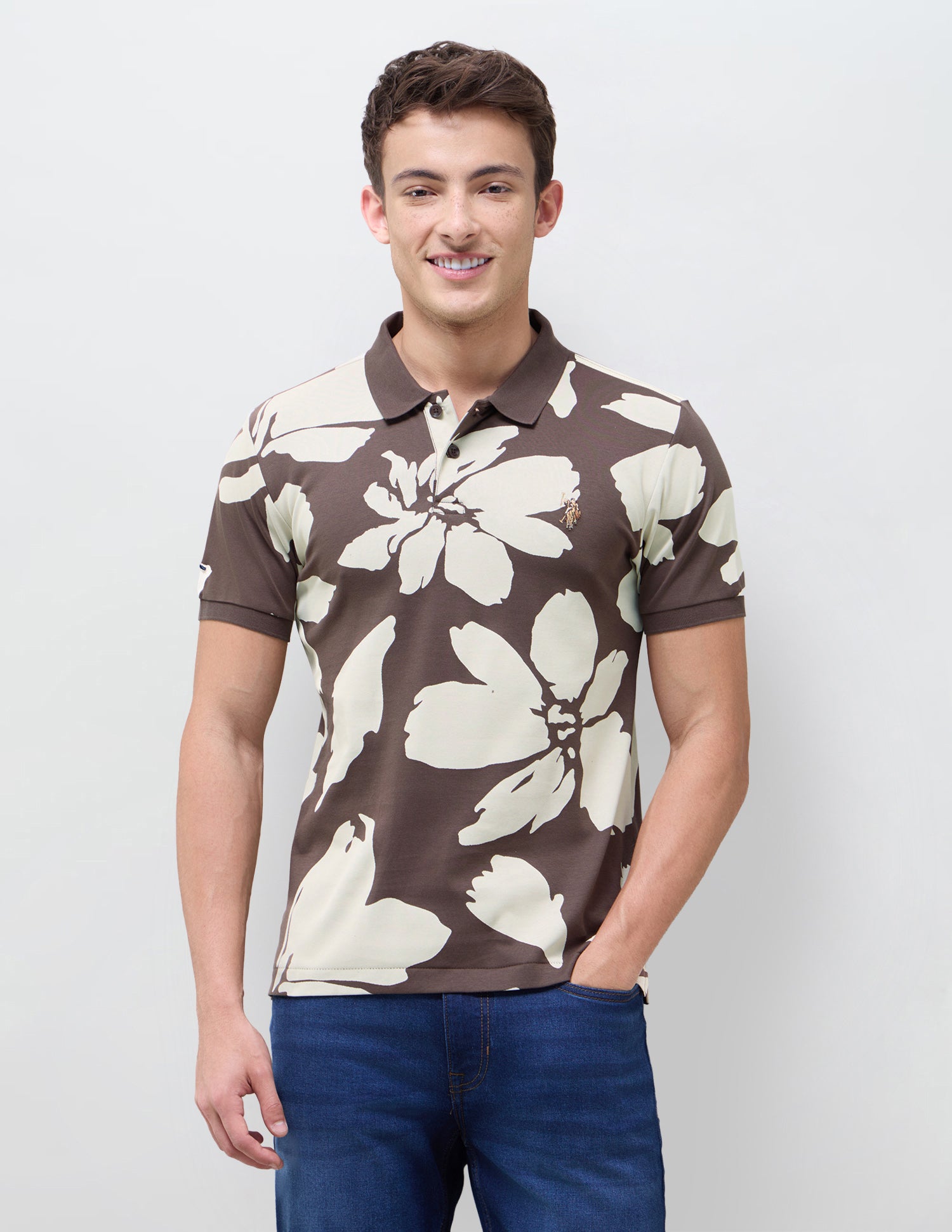 Floral Printed Slim Fit Polo Shirt Dark Brown - U.S. Polo Assn. India | Large