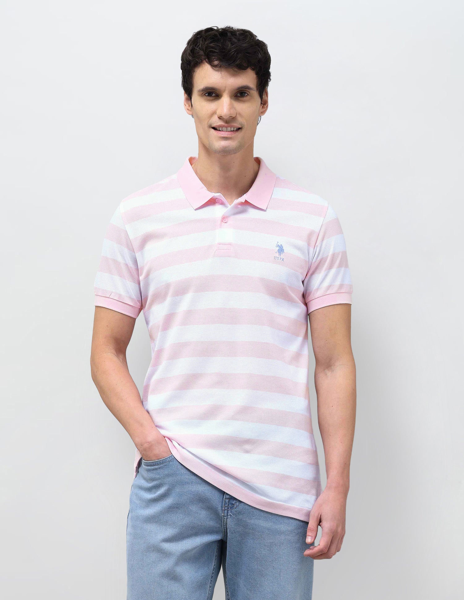 Horizontal Striped Slim Fit Polo Shirt Pink - U.S. Polo Assn. India | Large