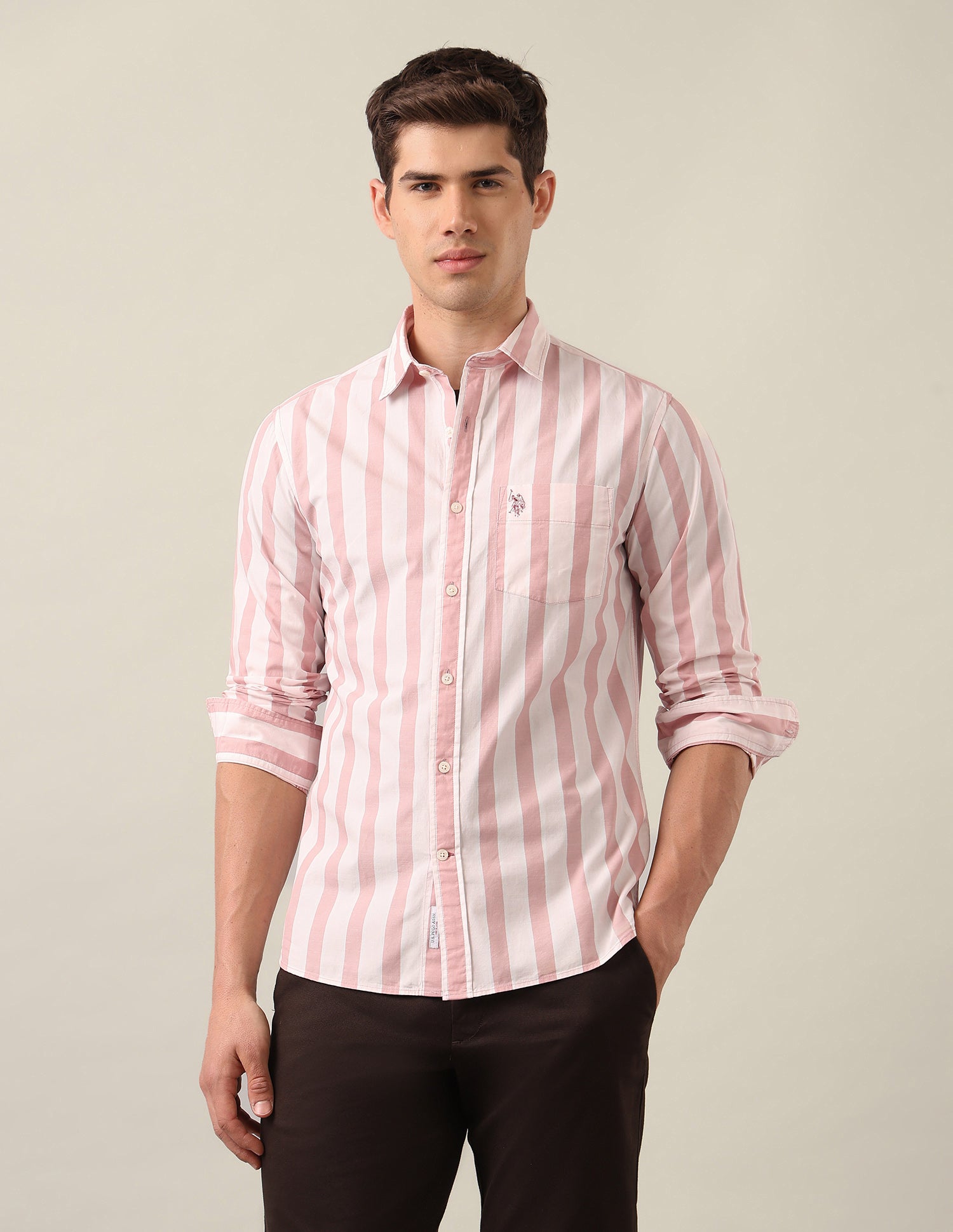 Tailored Fit Vertical Striped Shirt Peach - U.S. Polo Assn. India | Large