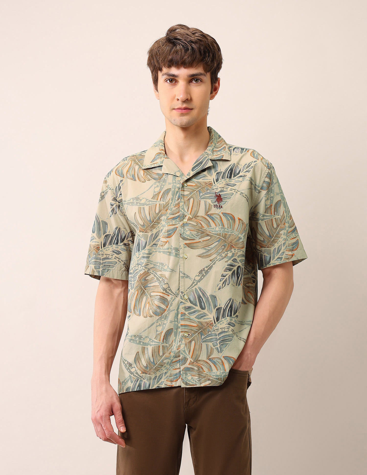Tropical Printed Cuban Shirt Khaki - U.S. Polo Assn. India | Large
