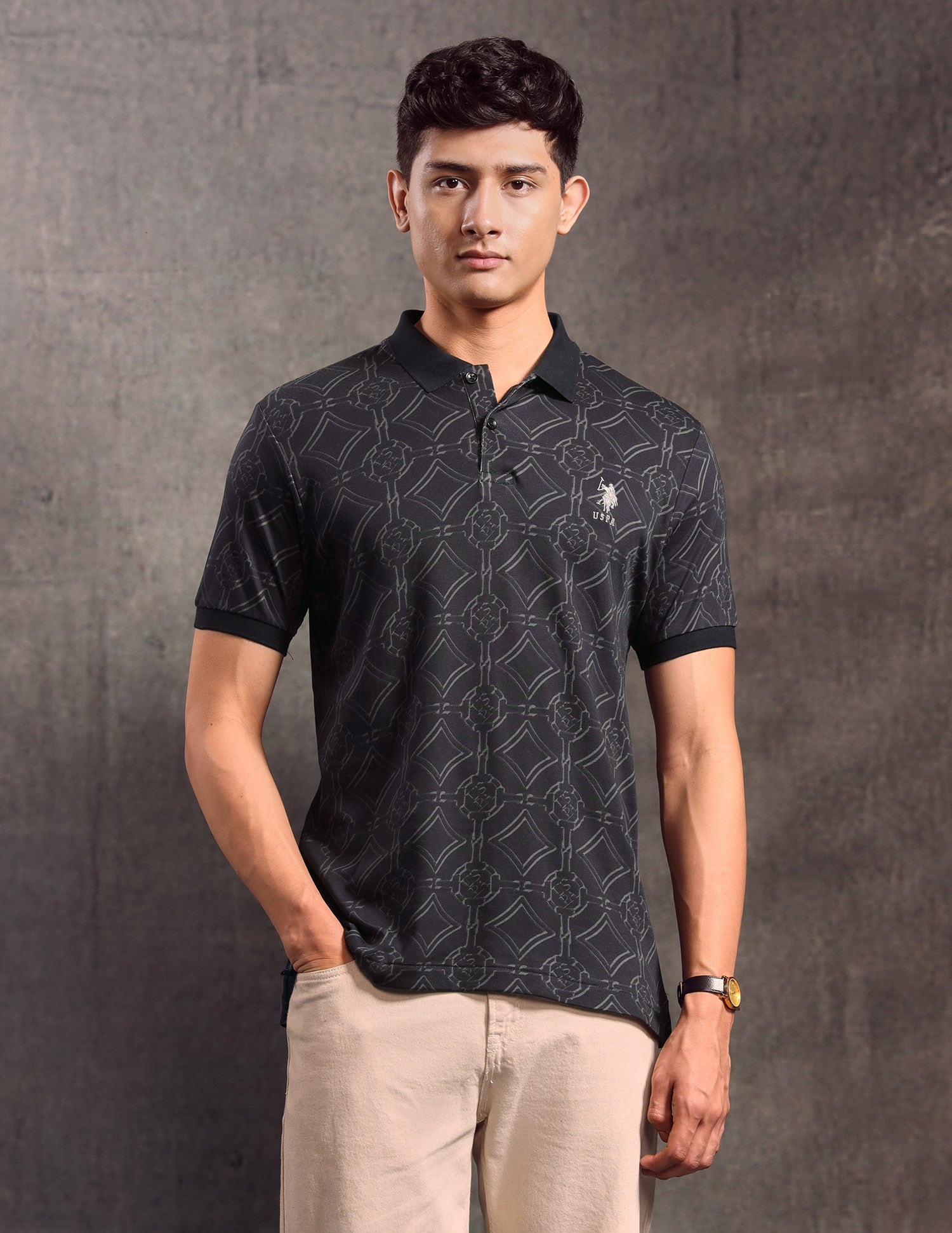 Geometric Printed Muscle Fit Polo shirt Black - U.S. POLO ASSN. | Large